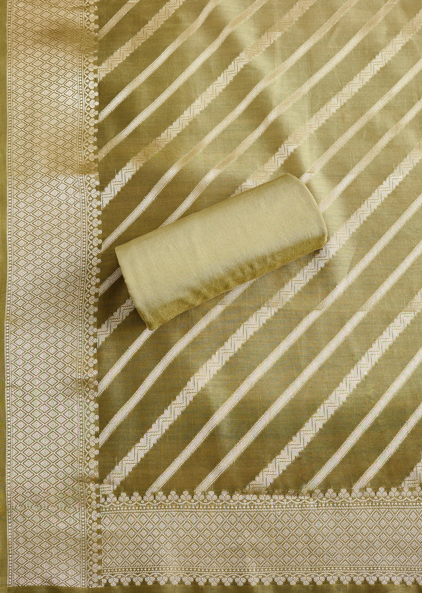 Green Chanderi Unstitched Suit With Dupatta - Image 3