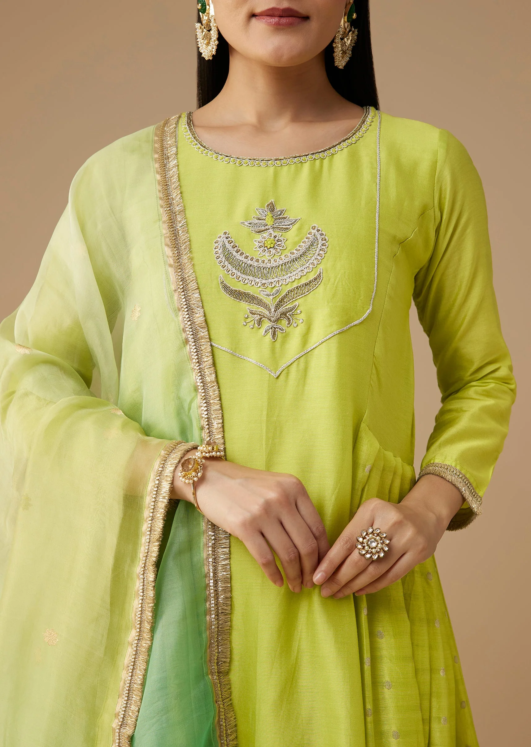 Green Chanderi Zardozi Embellished Anarkali Set - Image 2
