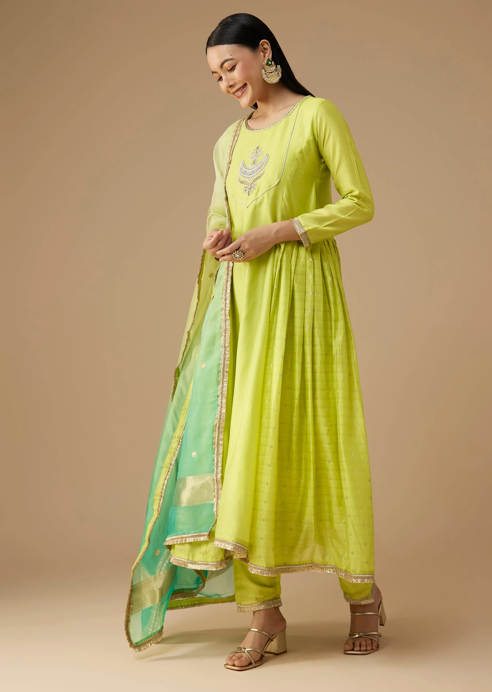 Green Chanderi Zardozi Embellished Anarkali Set - Image 3