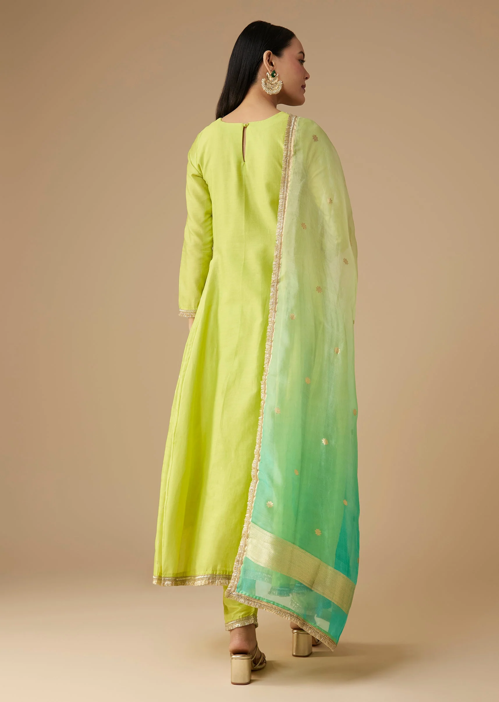 Green Chanderi Zardozi Embellished Anarkali Set - Image 5
