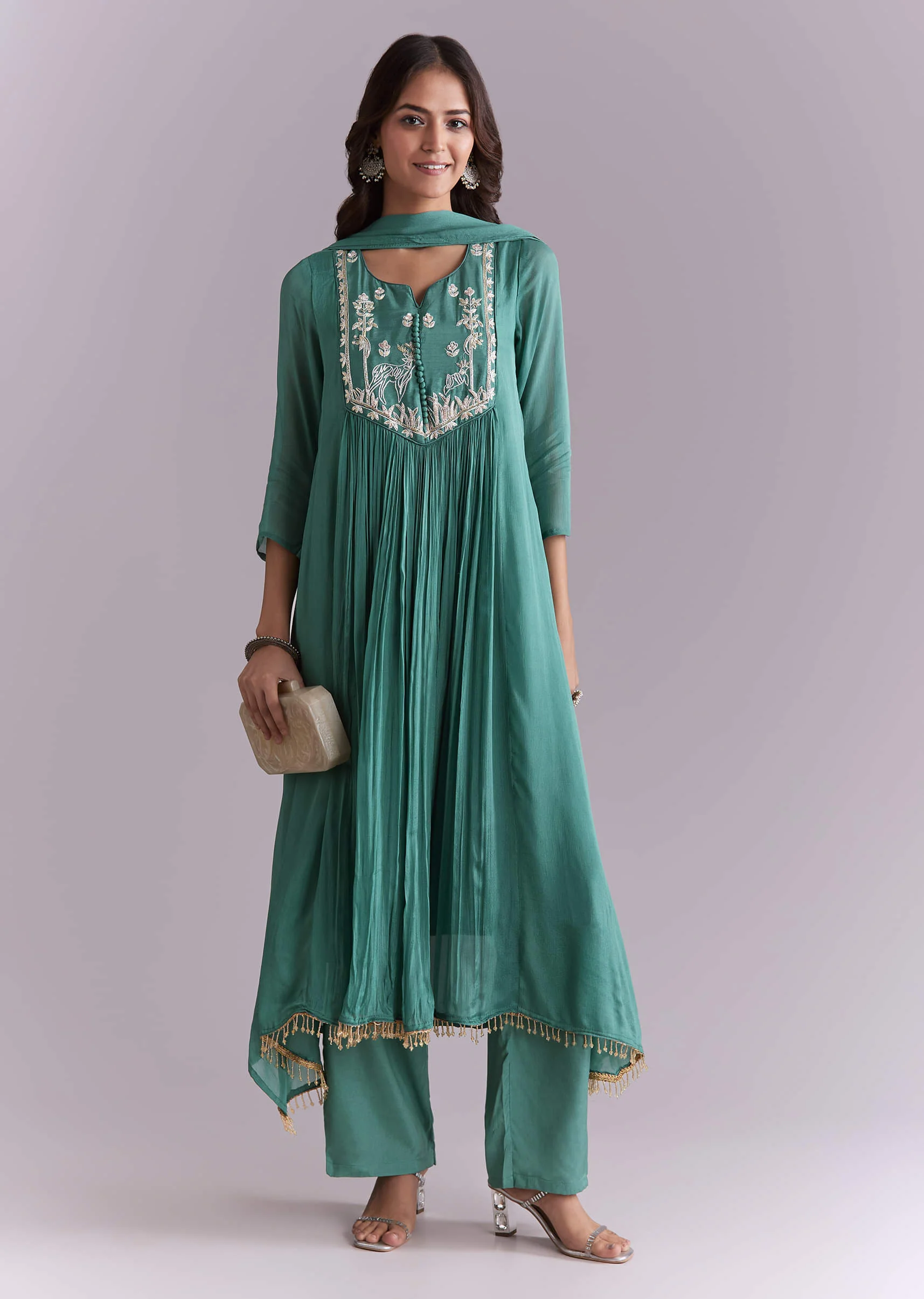 Green Chinon Anarkali Suit With Sequin And Resham Embroidery - Image 3