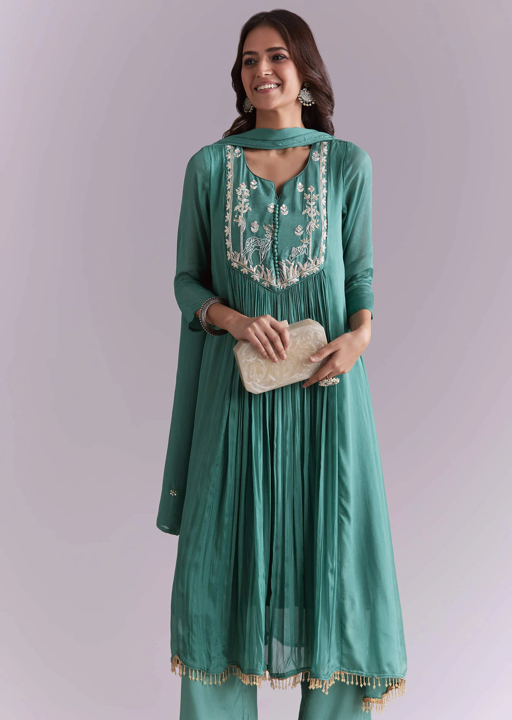 Green Chinon Anarkali Suit With Sequin And Resham Embroidery - Image 4