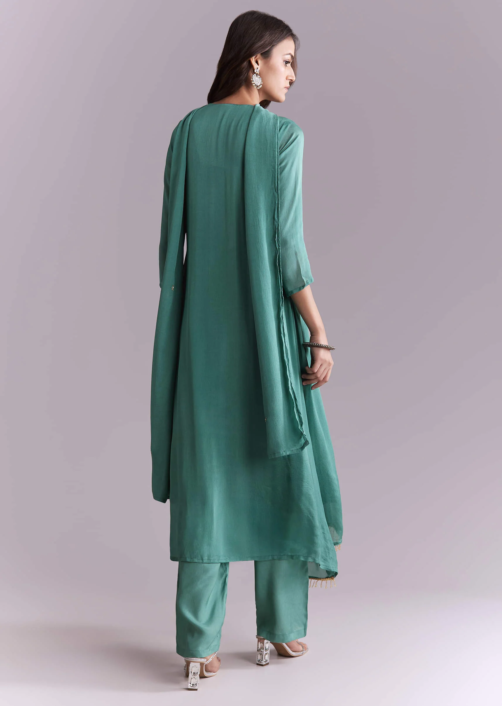 Green Chinon Anarkali Suit With Sequin And Resham Embroidery - Image 5