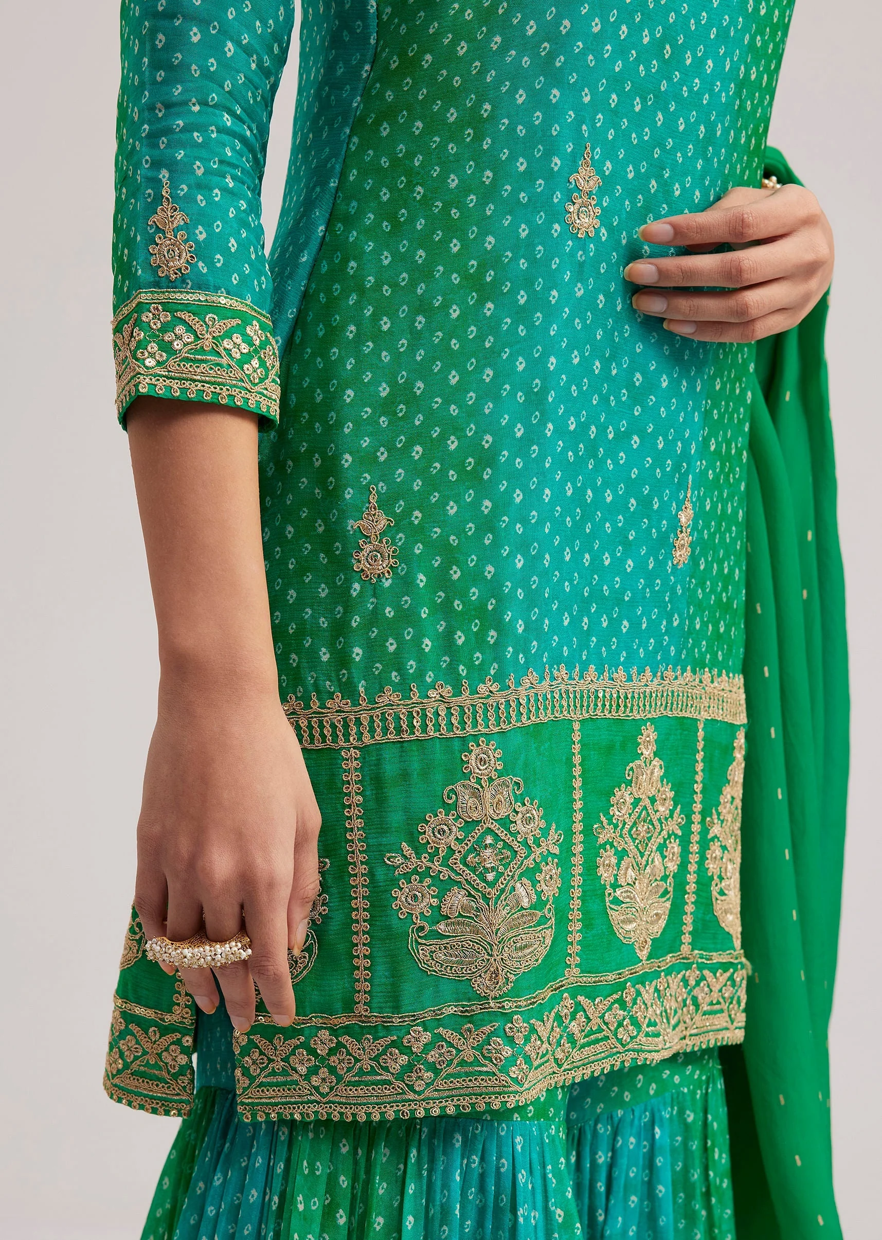 Green Chinon Bandhani Sharara Set - Image 2