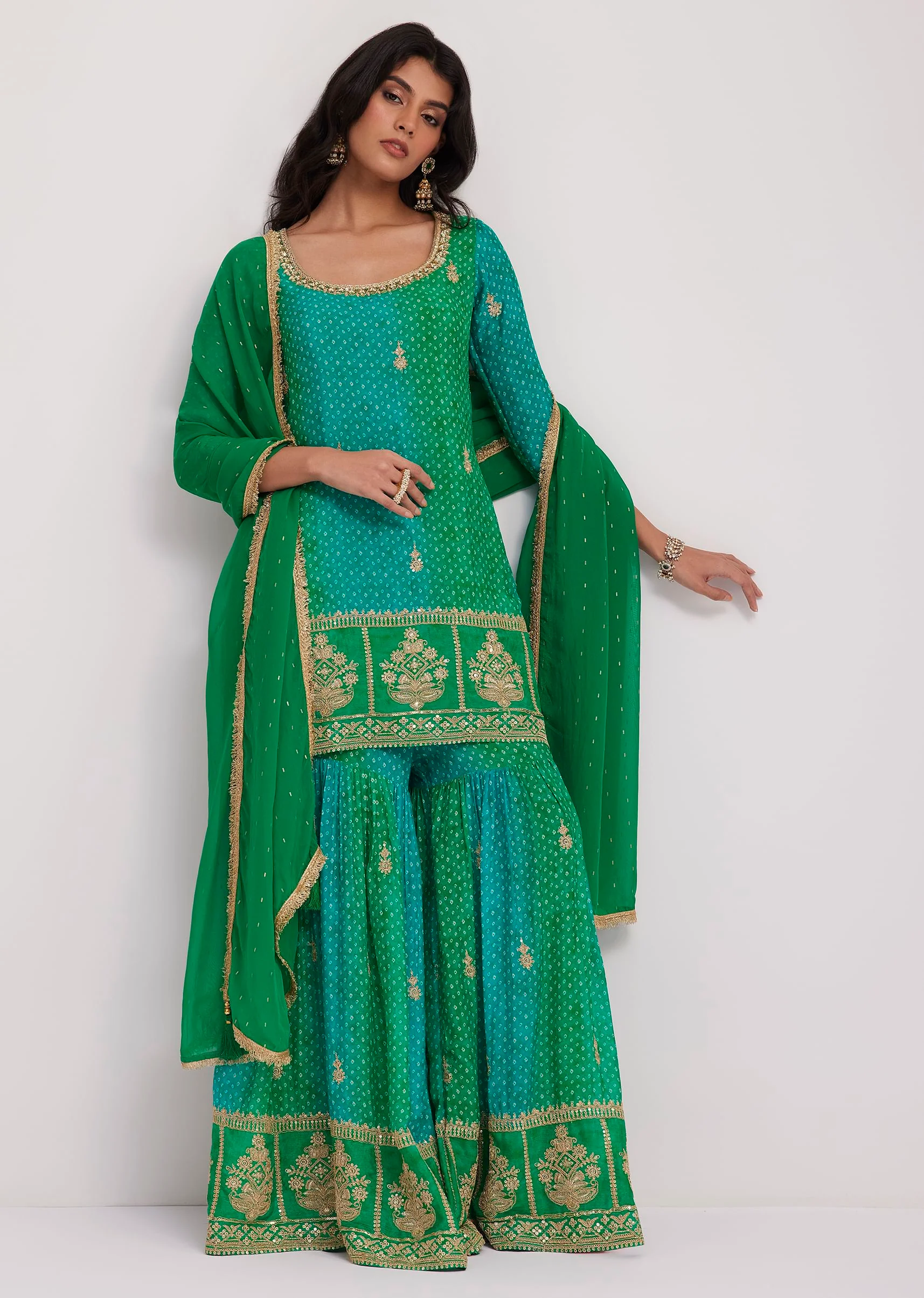 Green Chinon Bandhani Sharara Set - Image 3
