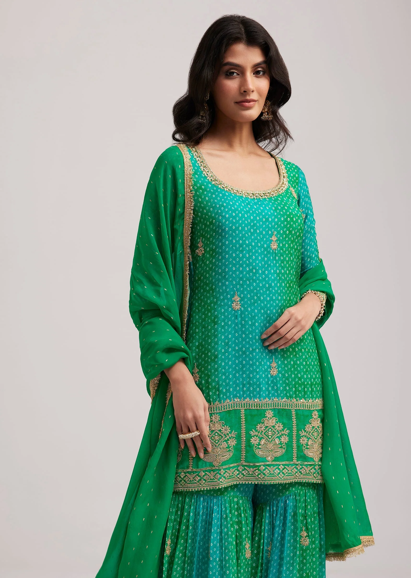 Green Chinon Bandhani Sharara Set - Image 4