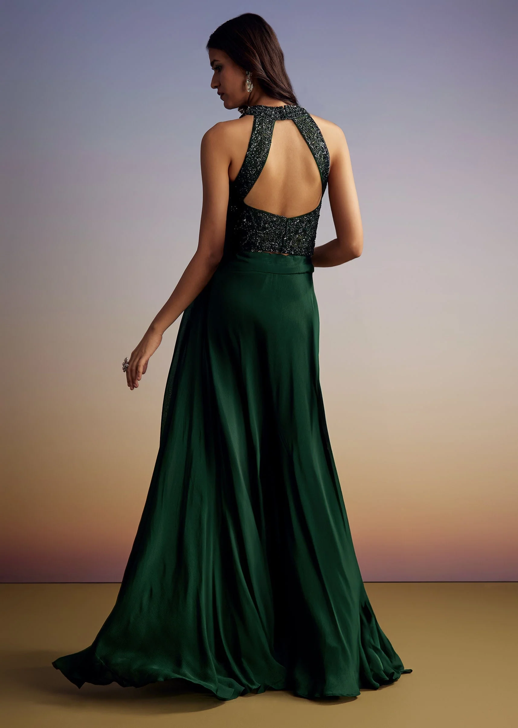 Green Chinon Crop Top Set With Sequins Work And Dupatta - Image 6