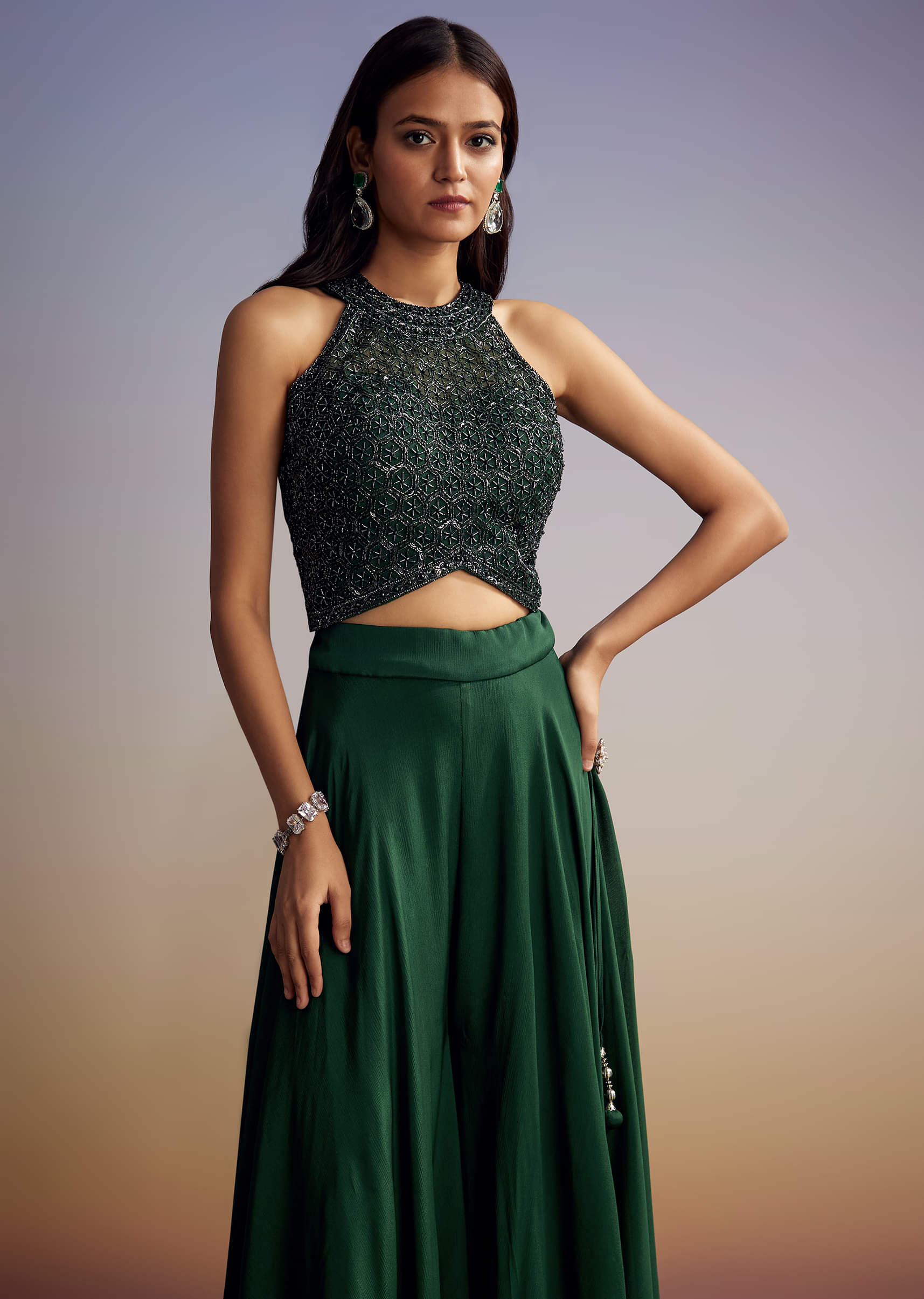 Green Chinon Crop Top Set With Sequins Work And Dupatta - Image 8
