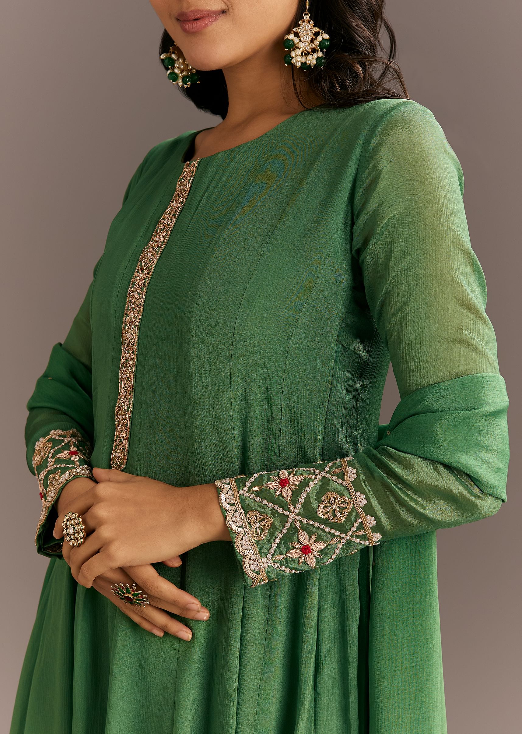 Green Chinon Kurta With Zardosi Moti Work On Neckline And Sleeves - Image 2