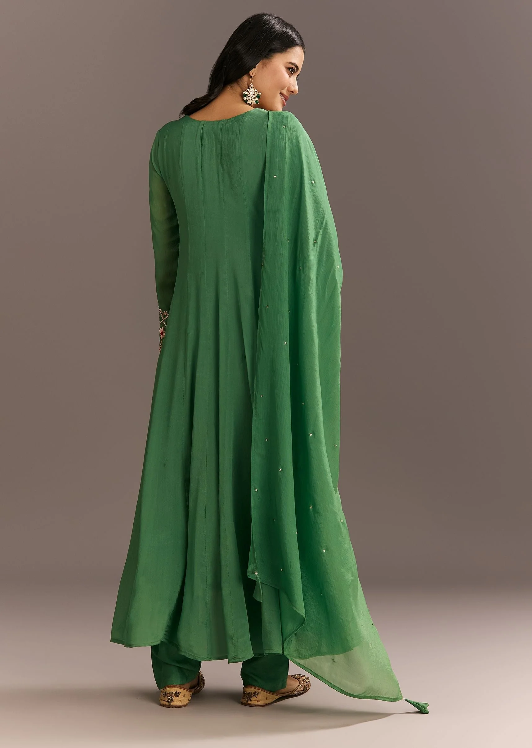 Green Chinon Kurta With Zardosi Moti Work On Neckline And Sleeves - Image 5