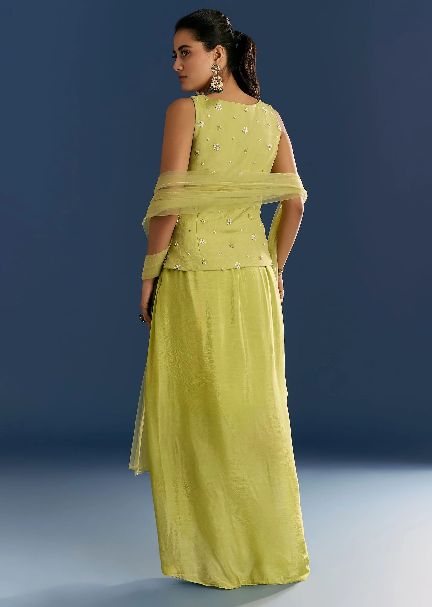Green Chinon Moti Embroidered Kurta Skirt With Dupatta - Image 5