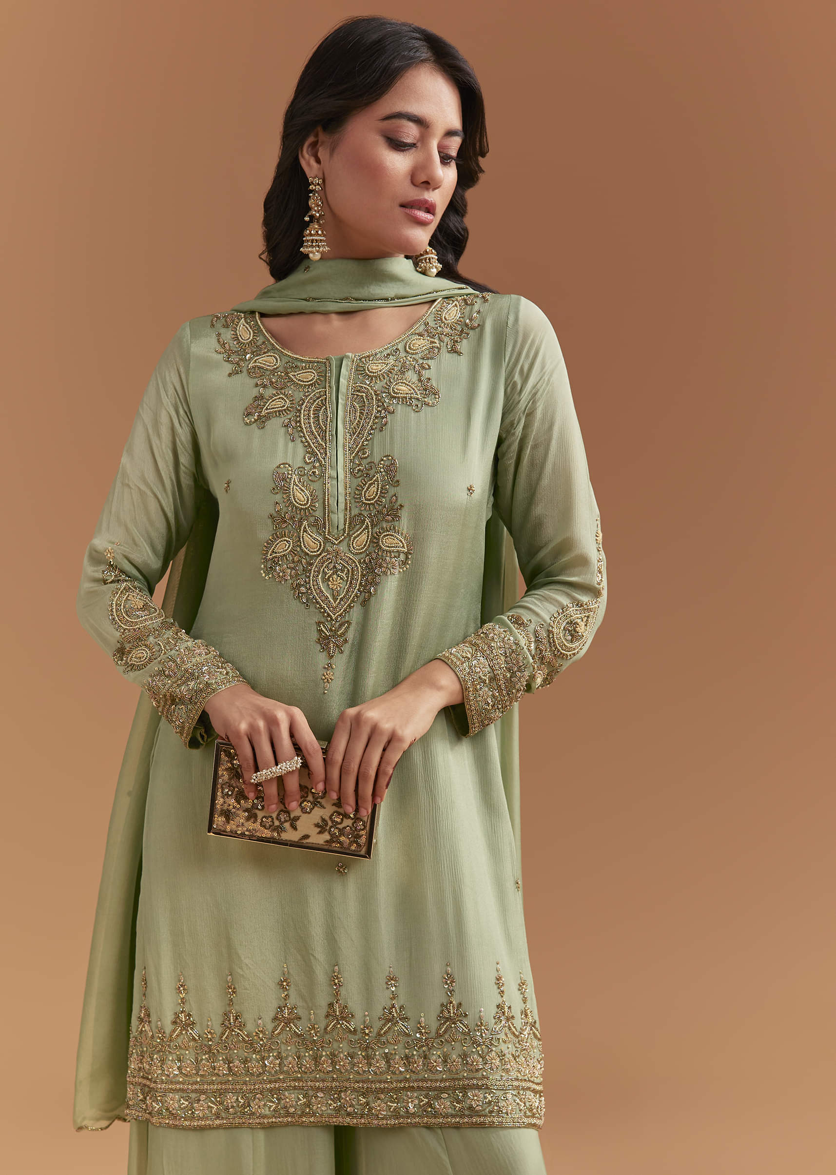 Green Chinon Palazzo Suit With Moti And Cutdana Embroidery - Image 5