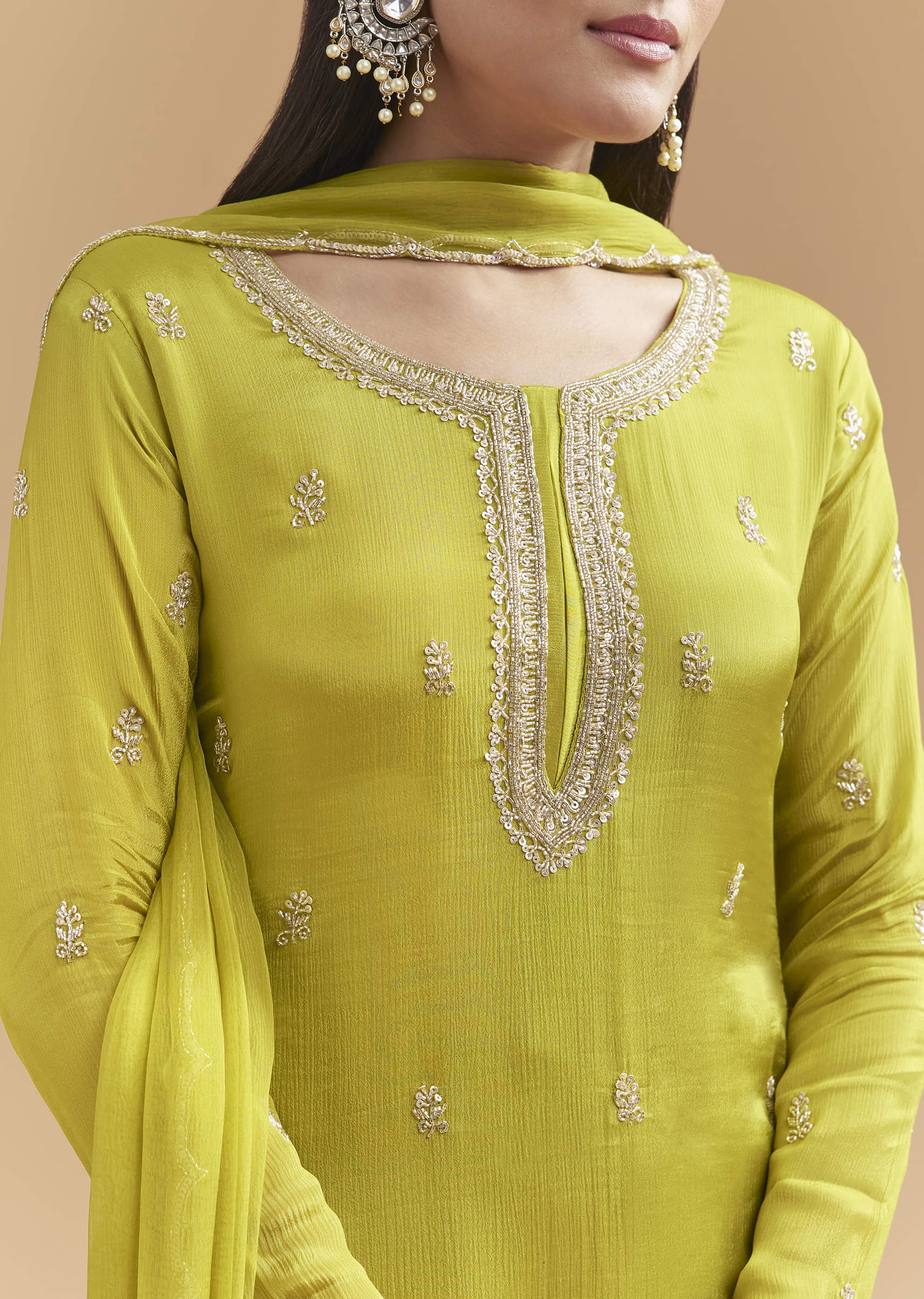 Green Chinon Sharara Suit With Heavy Hand Embroidery - Image 2