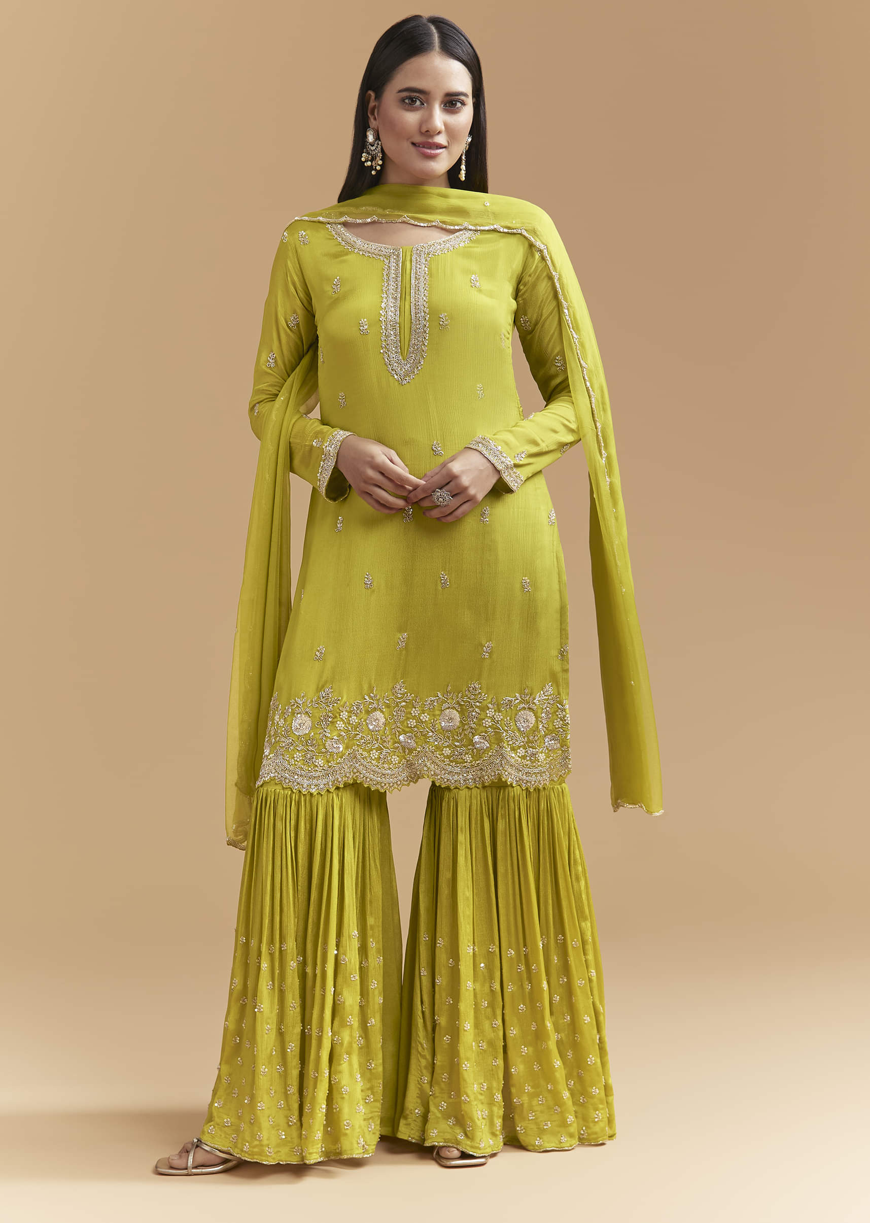 Green Chinon Sharara Suit With Heavy Hand Embroidery - Image 3