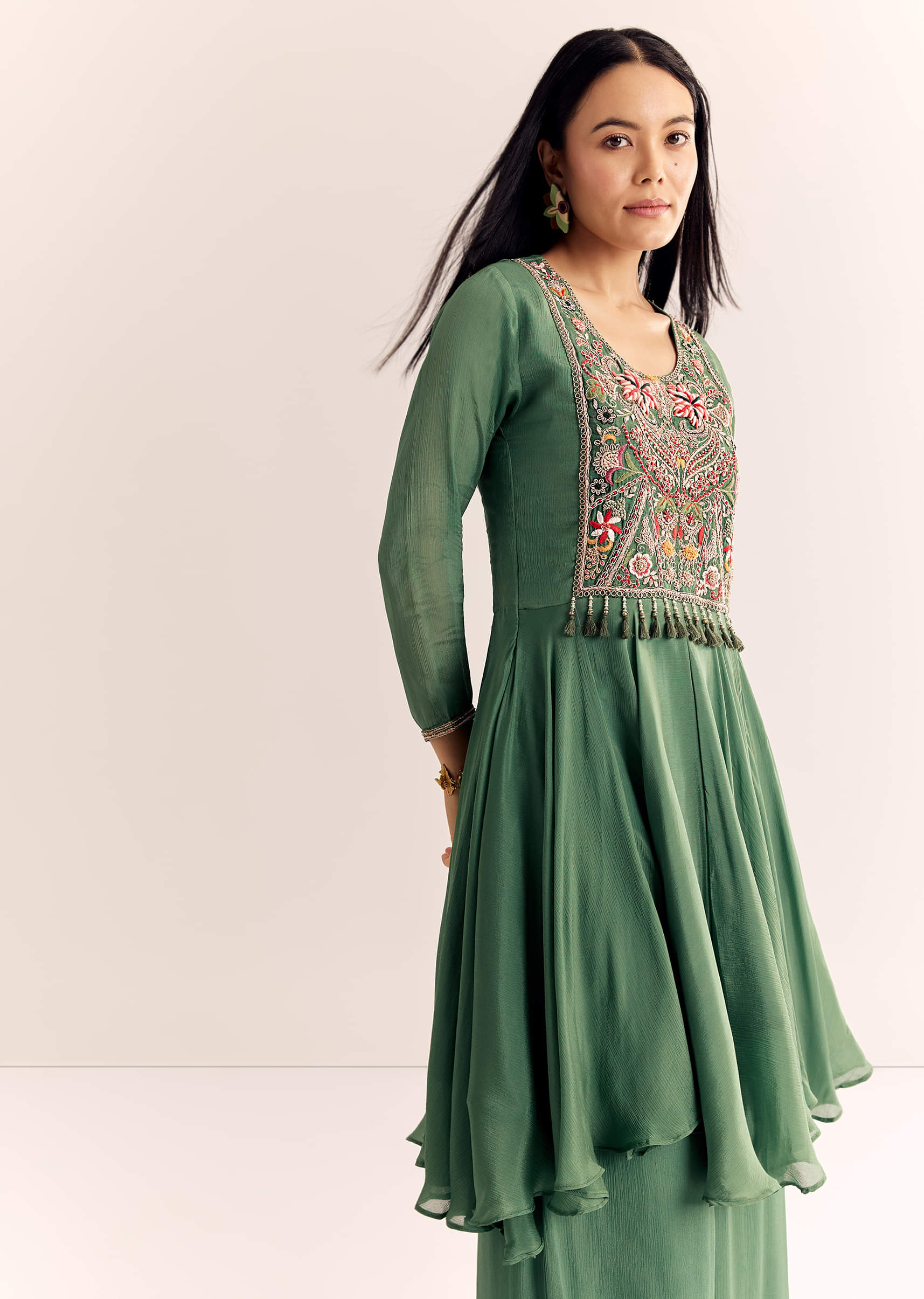 Green Chinon Zardosi Palazzo Suit