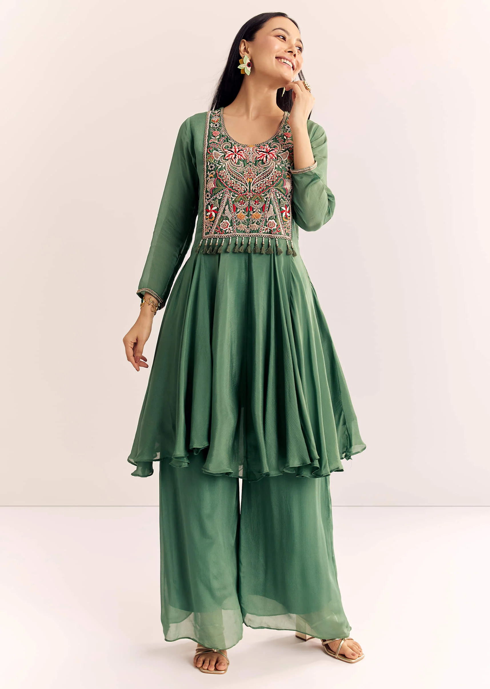 Green Chinon Zardosi Palazzo Suit - Image 2