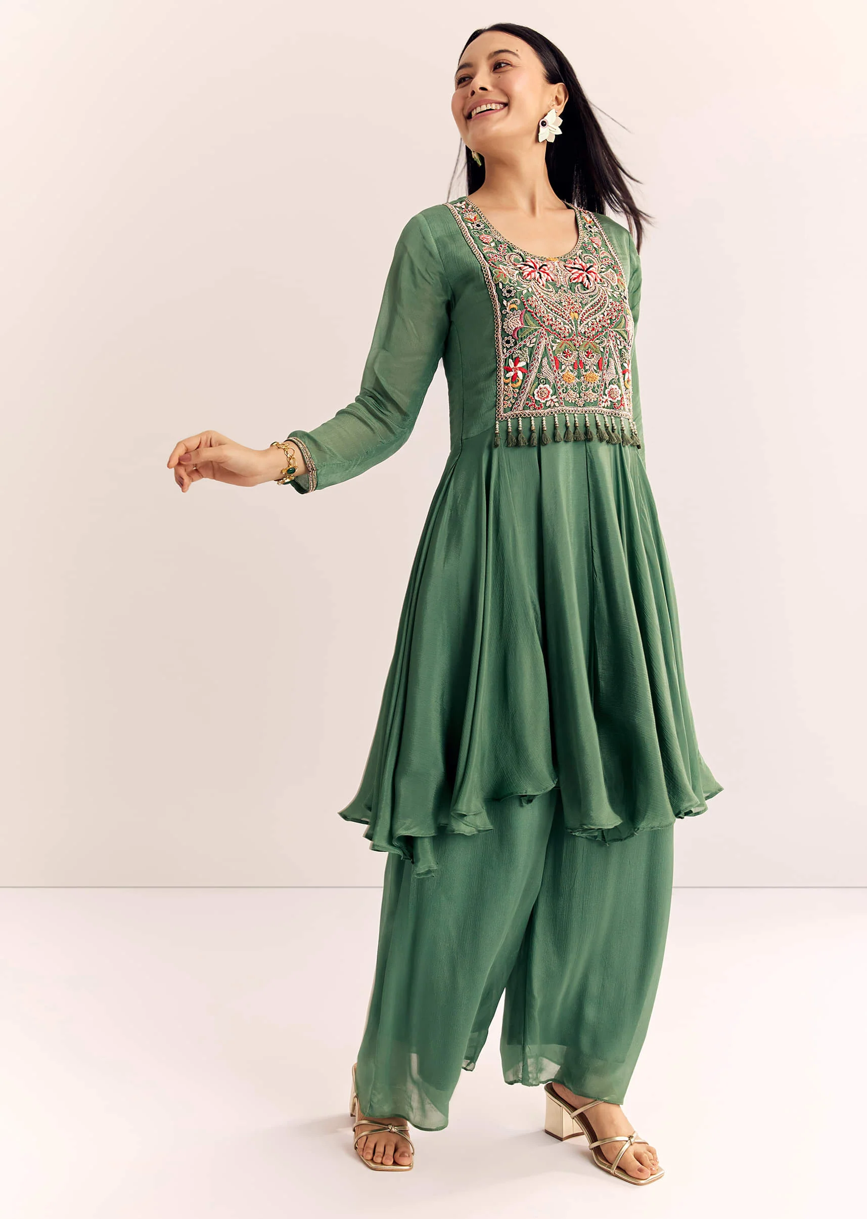 Green Chinon Zardosi Palazzo Suit - Image 4