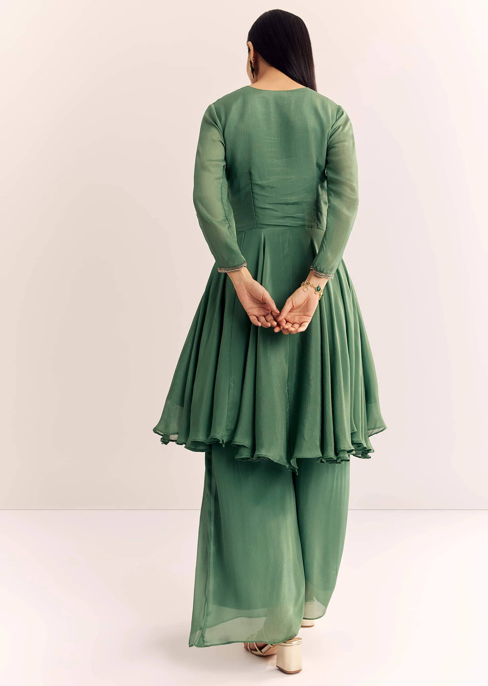 Green Chinon Zardosi Palazzo Suit - Image 5
