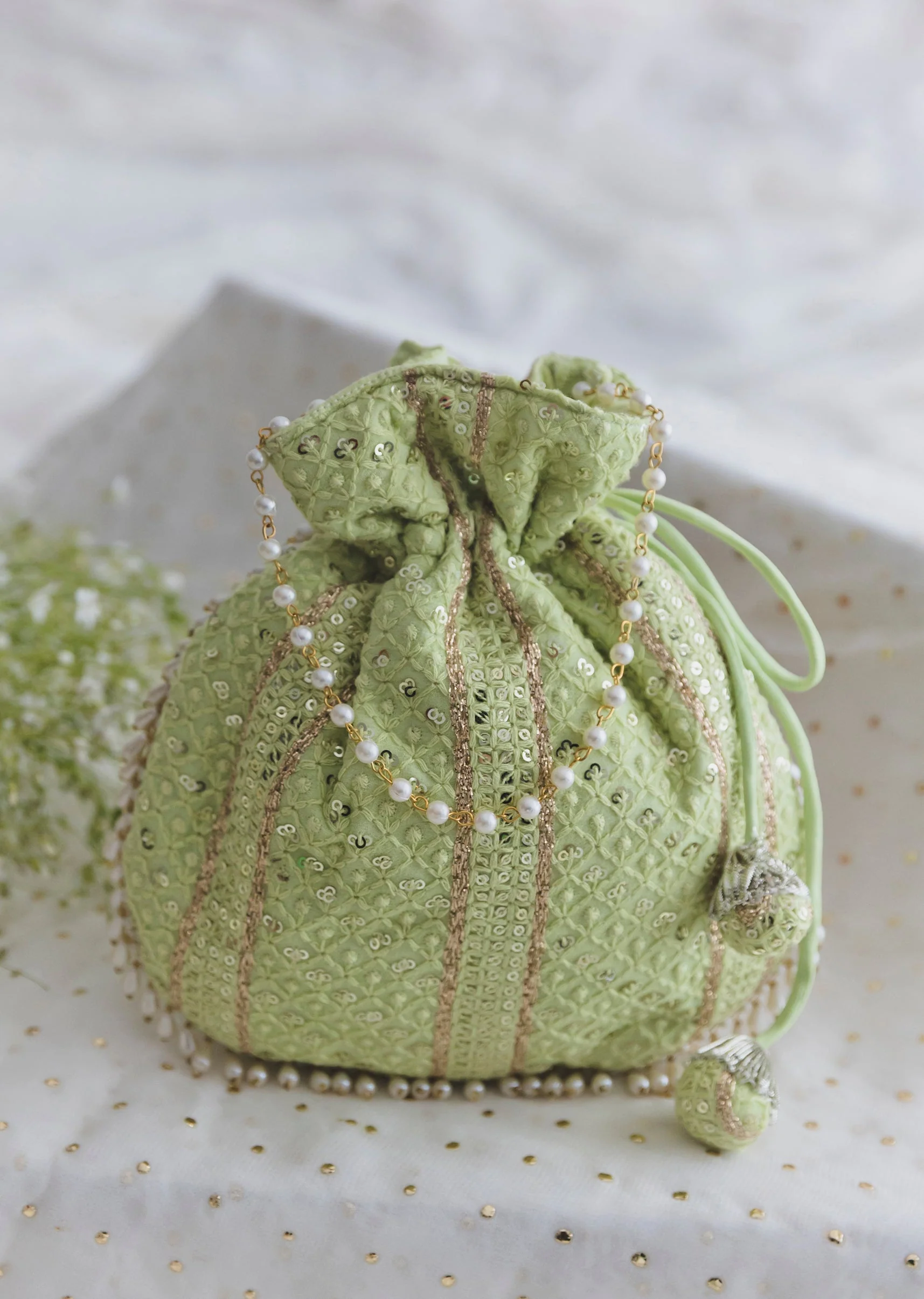 Green Cotton Potli With Embroidery