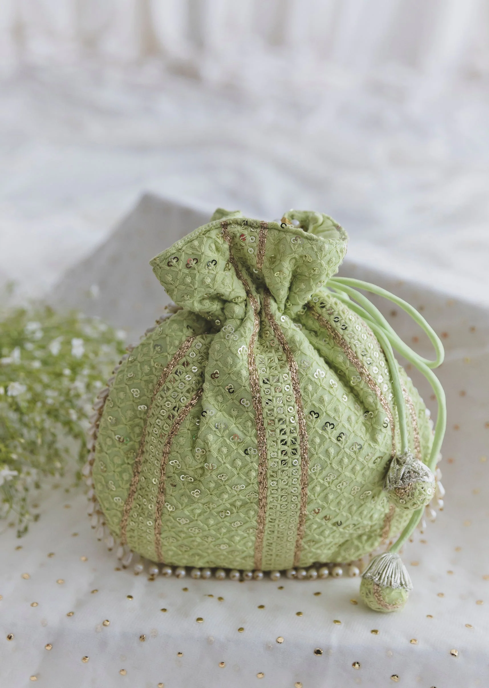 Green Cotton Potli With Embroidery - Image 2