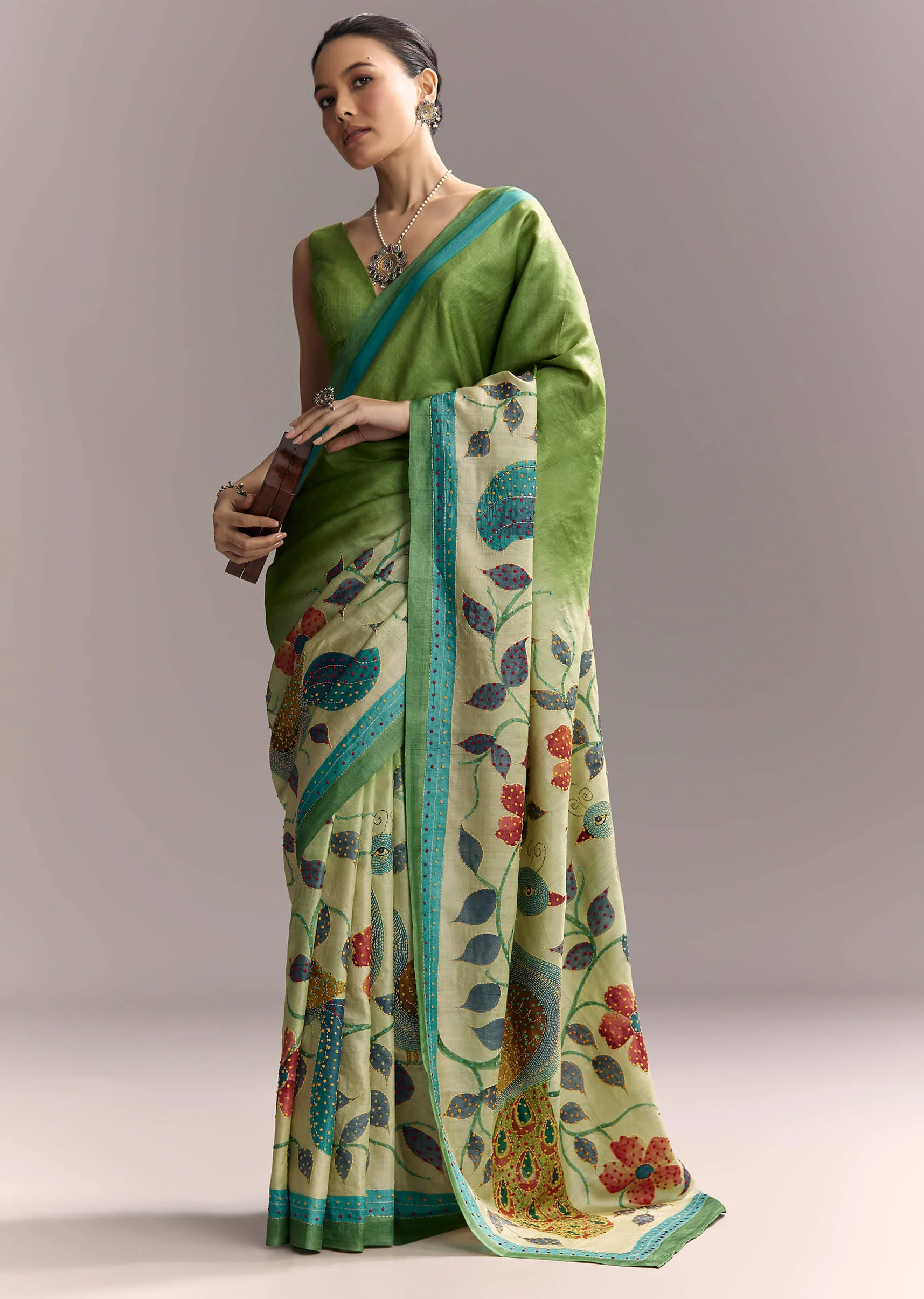 Green Cotton Saree With Hand Painted Motifs And Blue Border - Image 3