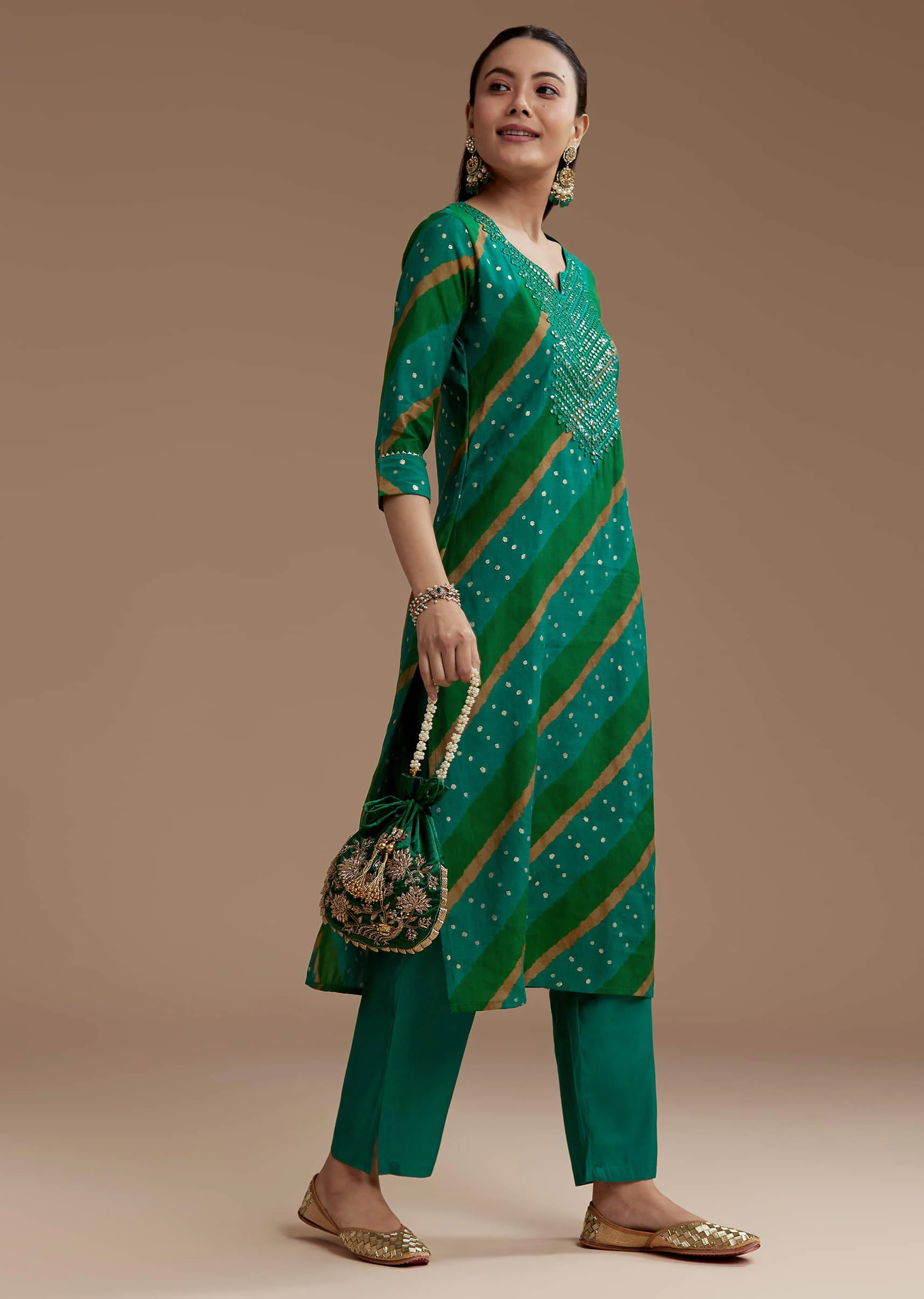 Green Cotton Silk Kurta Set with Foil Mirrors - Image 3