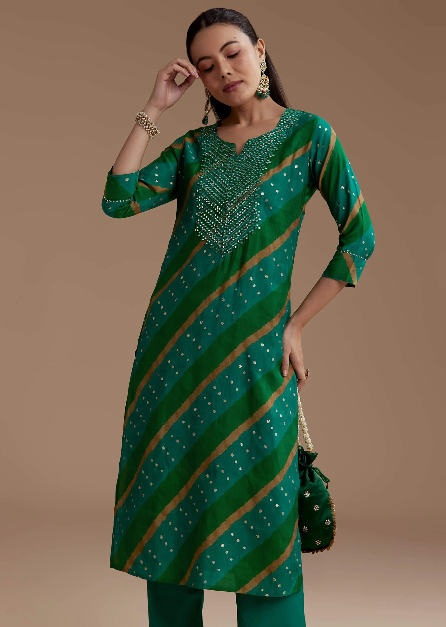Green Cotton Silk Kurta Set with Foil Mirrors - Image 4
