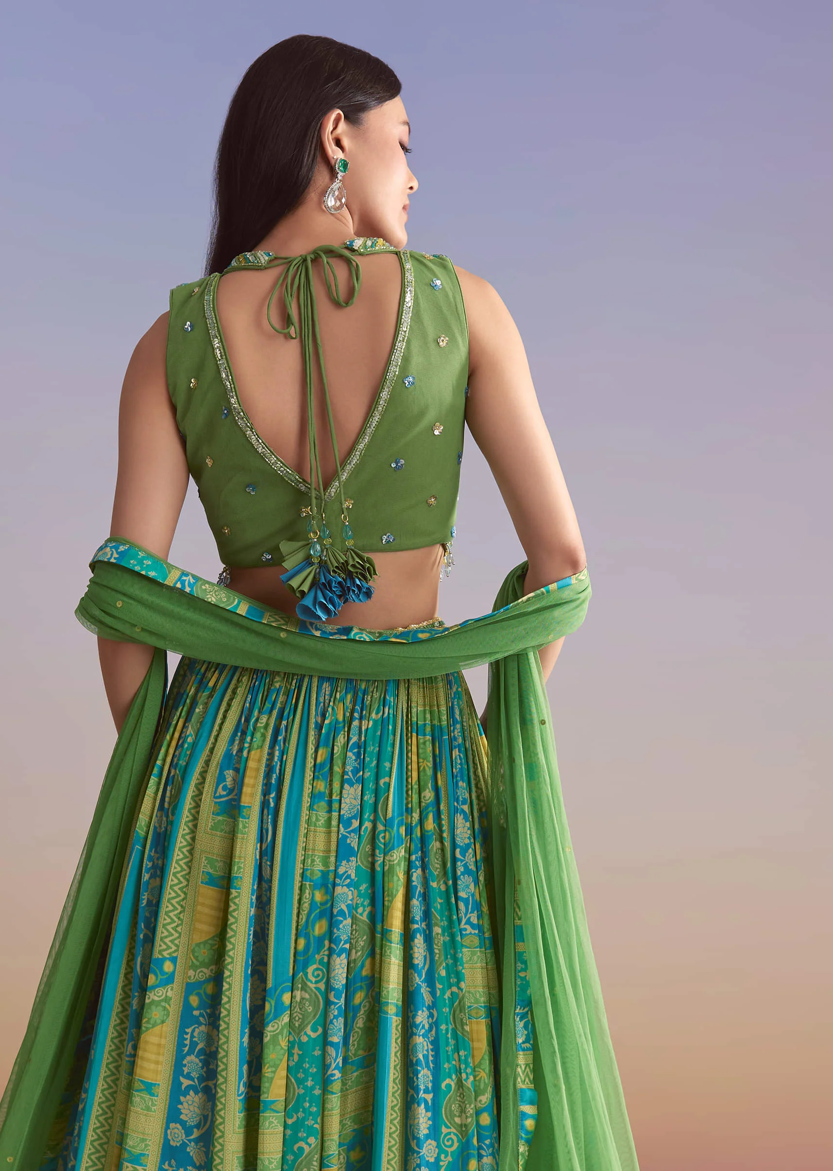 Green Crepe Bridesmaid Lehenga With Paisley Print - Image 6