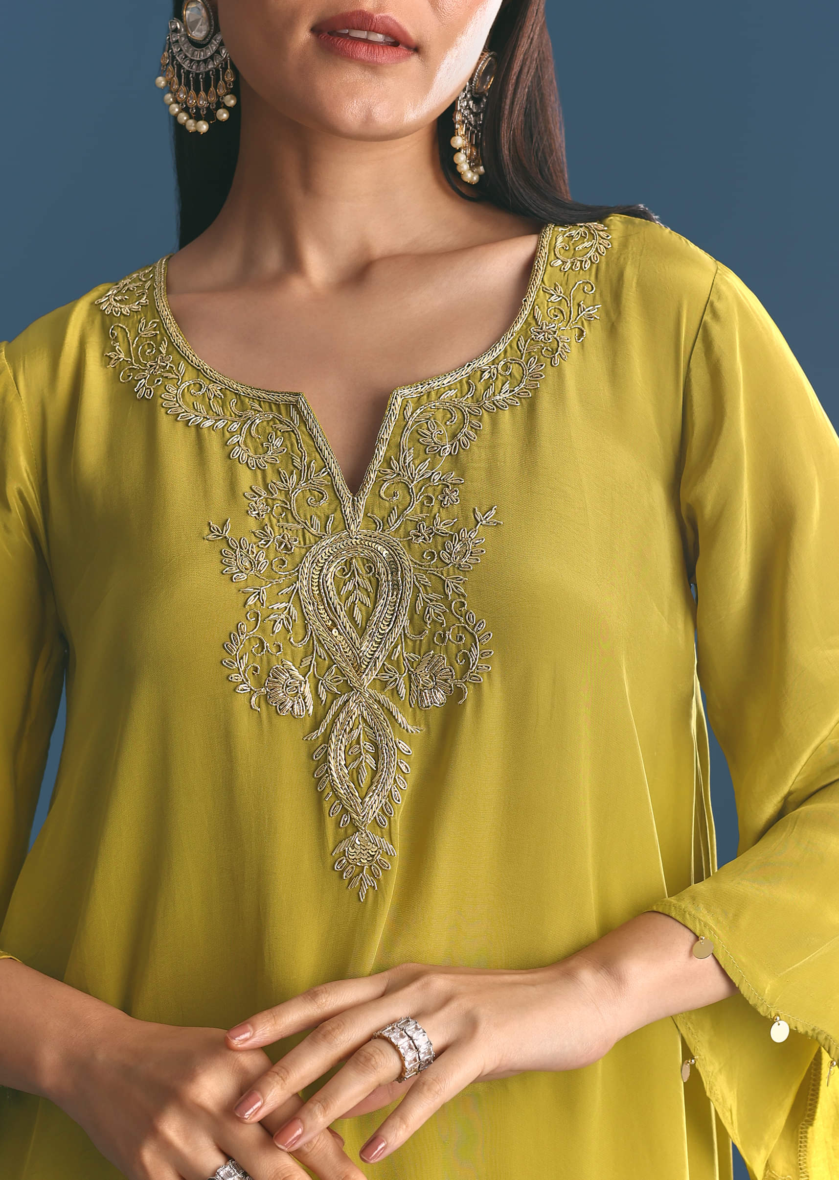 Green Crepe Gold Zardosi Kurta Pant With Dupatta - Image 2