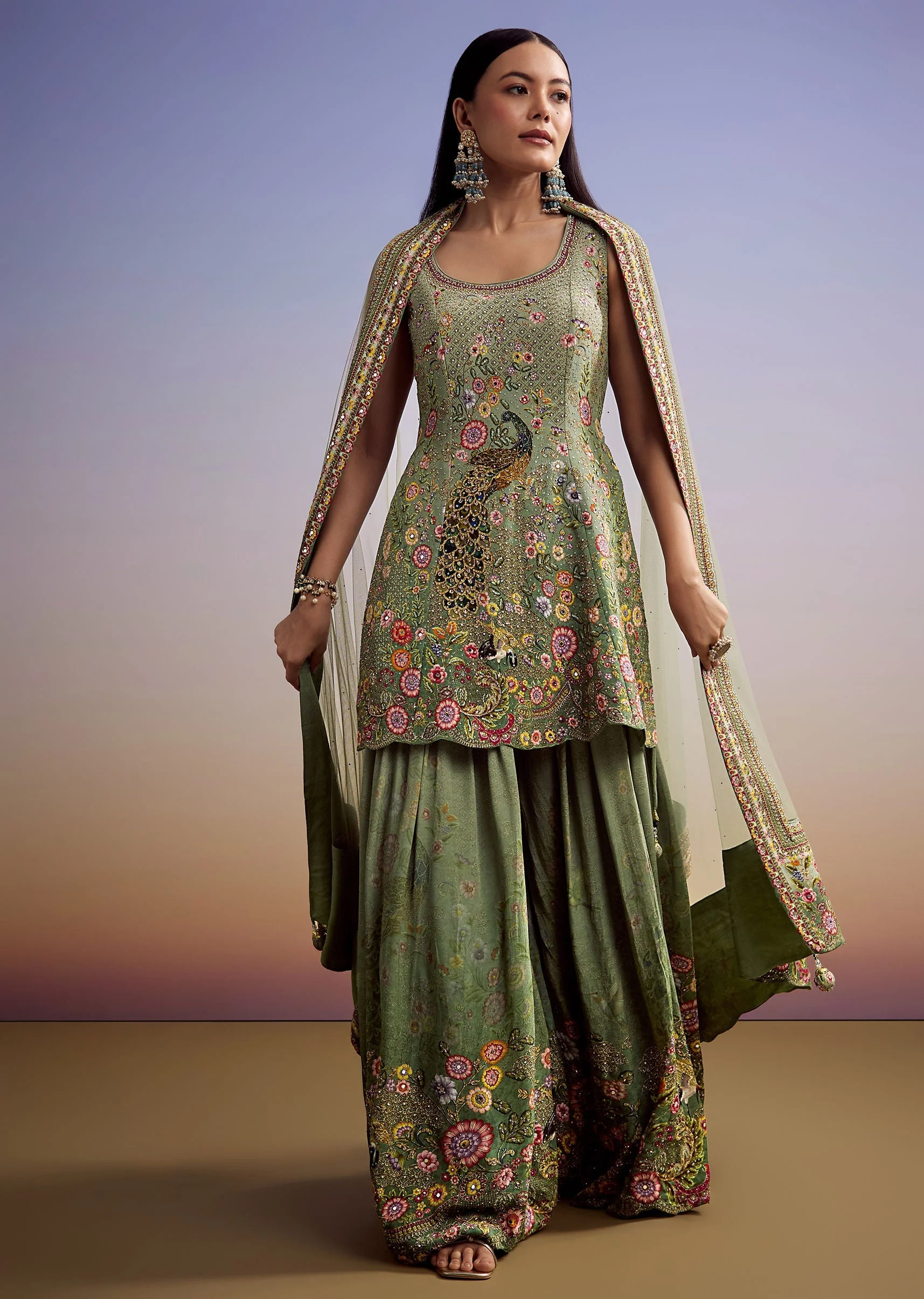 Green Crepe Palazzo Suit With Floral Print And Stone Work - Image 3