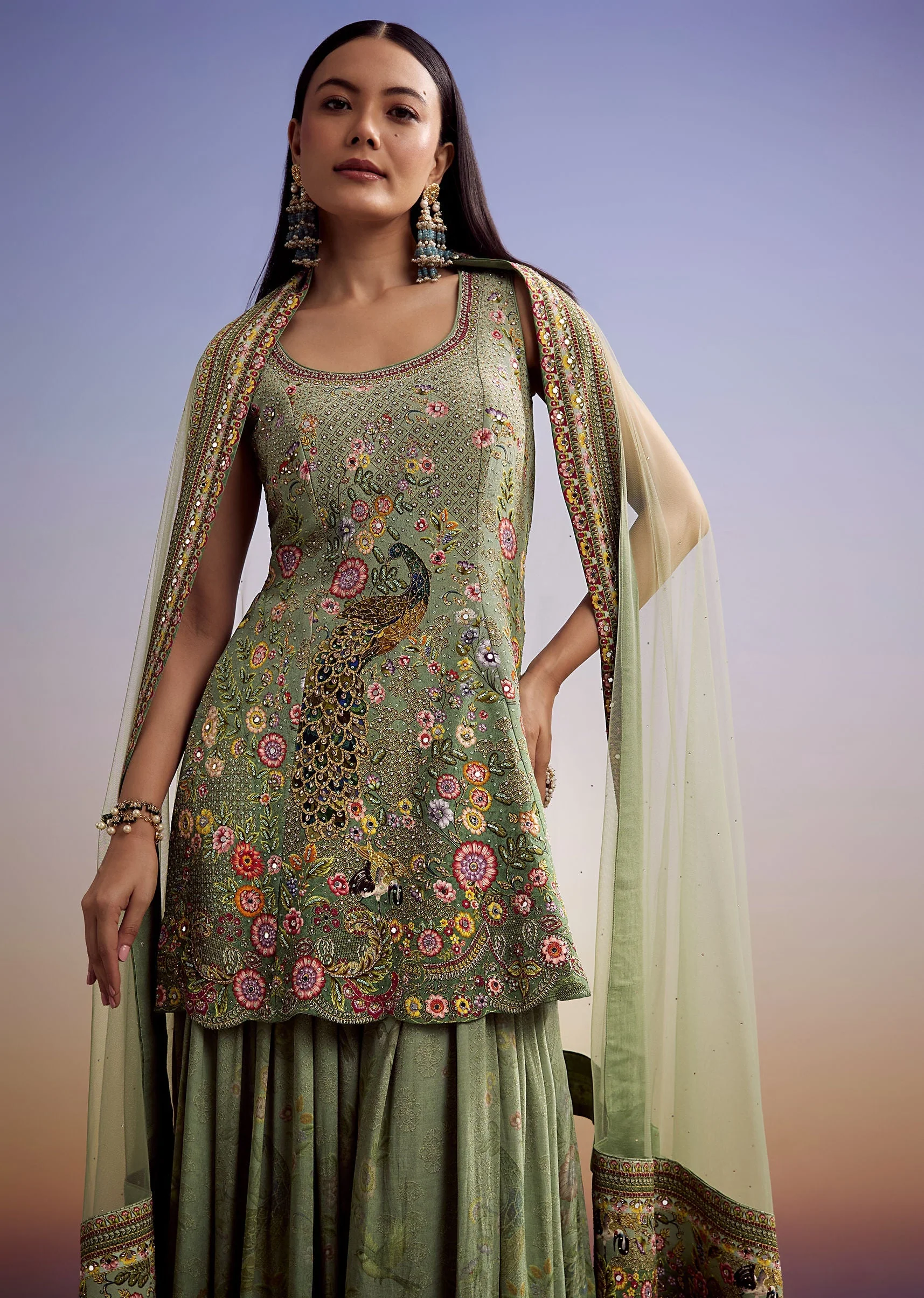 Green Crepe Palazzo Suit With Floral Print And Stone Work - Image 4