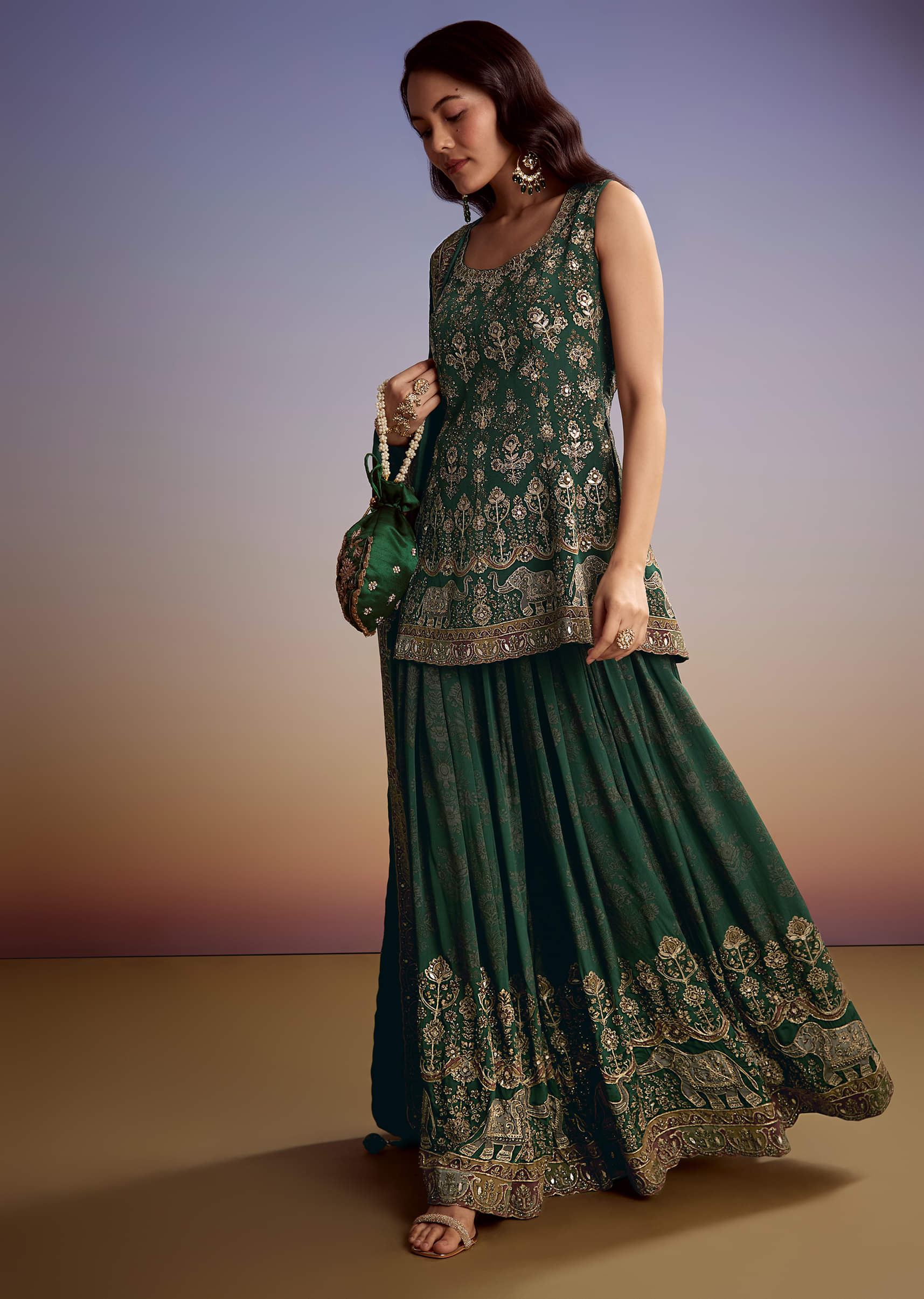 Green Crepe Printed Palazzo Suit With Gotta Work - Image 3