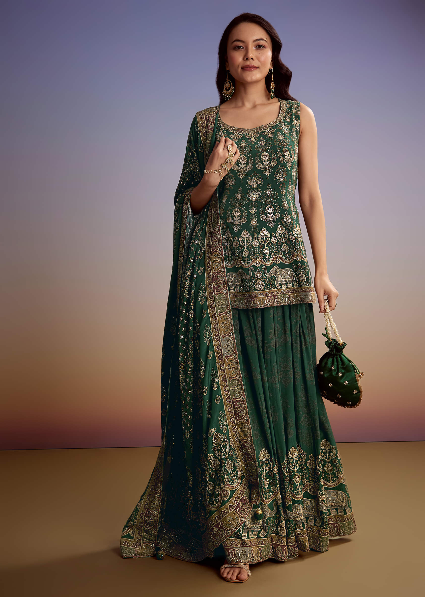 Green Crepe Printed Palazzo Suit With Gotta Work - Image 7
