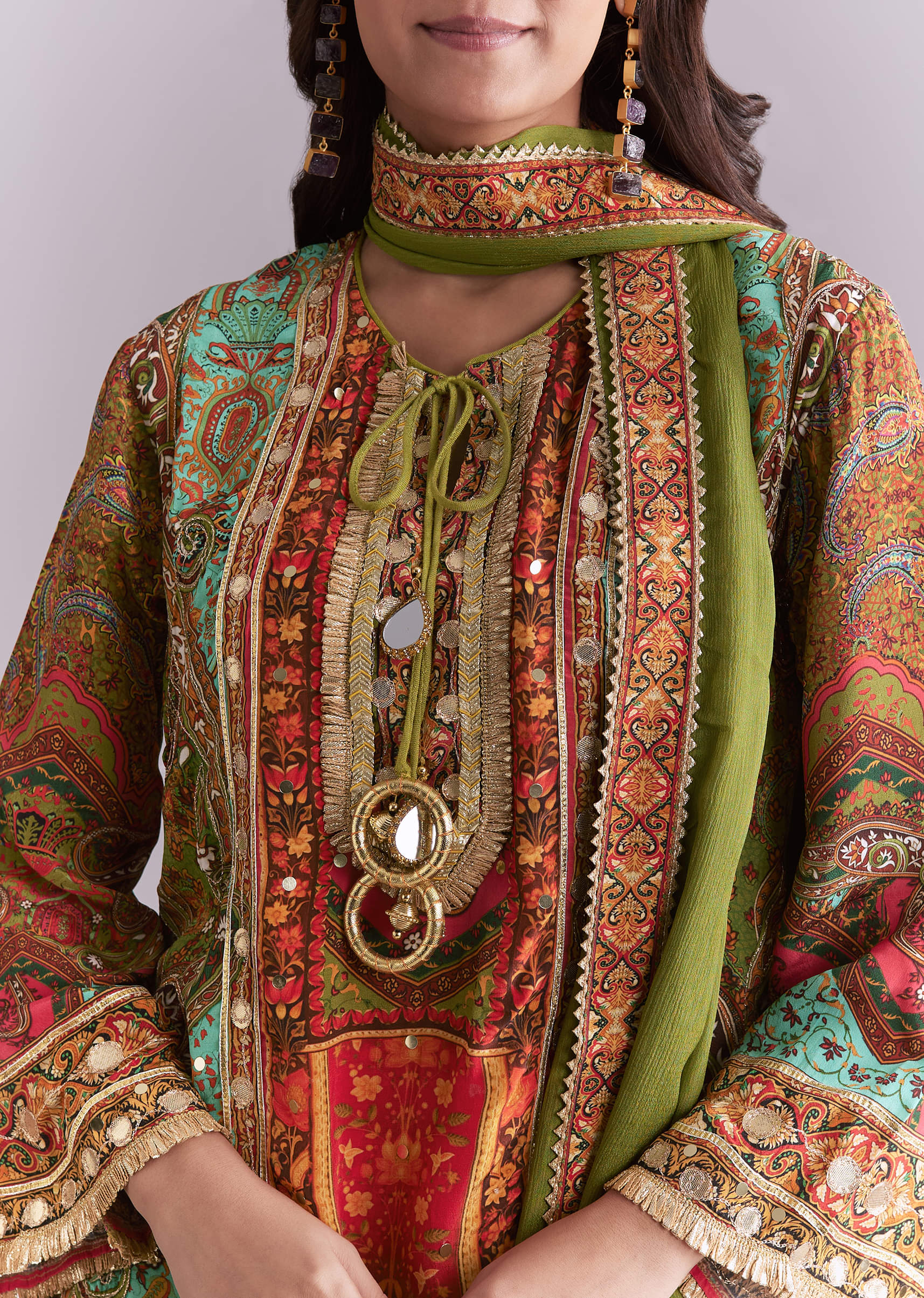 Green Crepe Printed Sharara Suit With Gota Detail And Potli - Image 2
