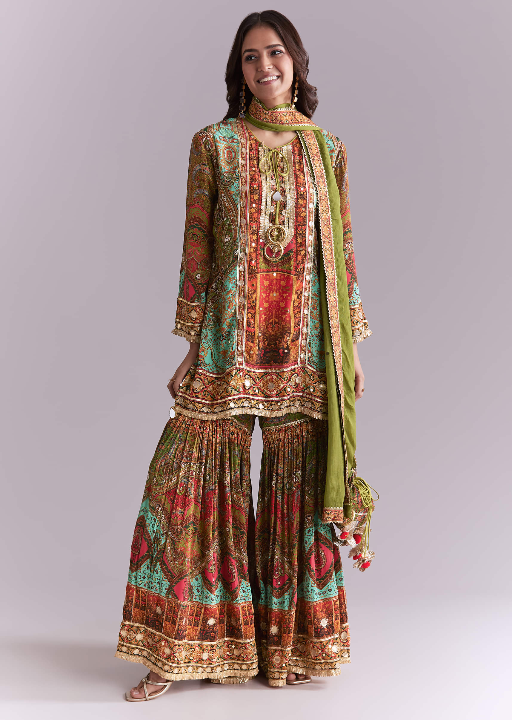 Green Crepe Printed Sharara Suit With Gota Detail And Potli - Image 3