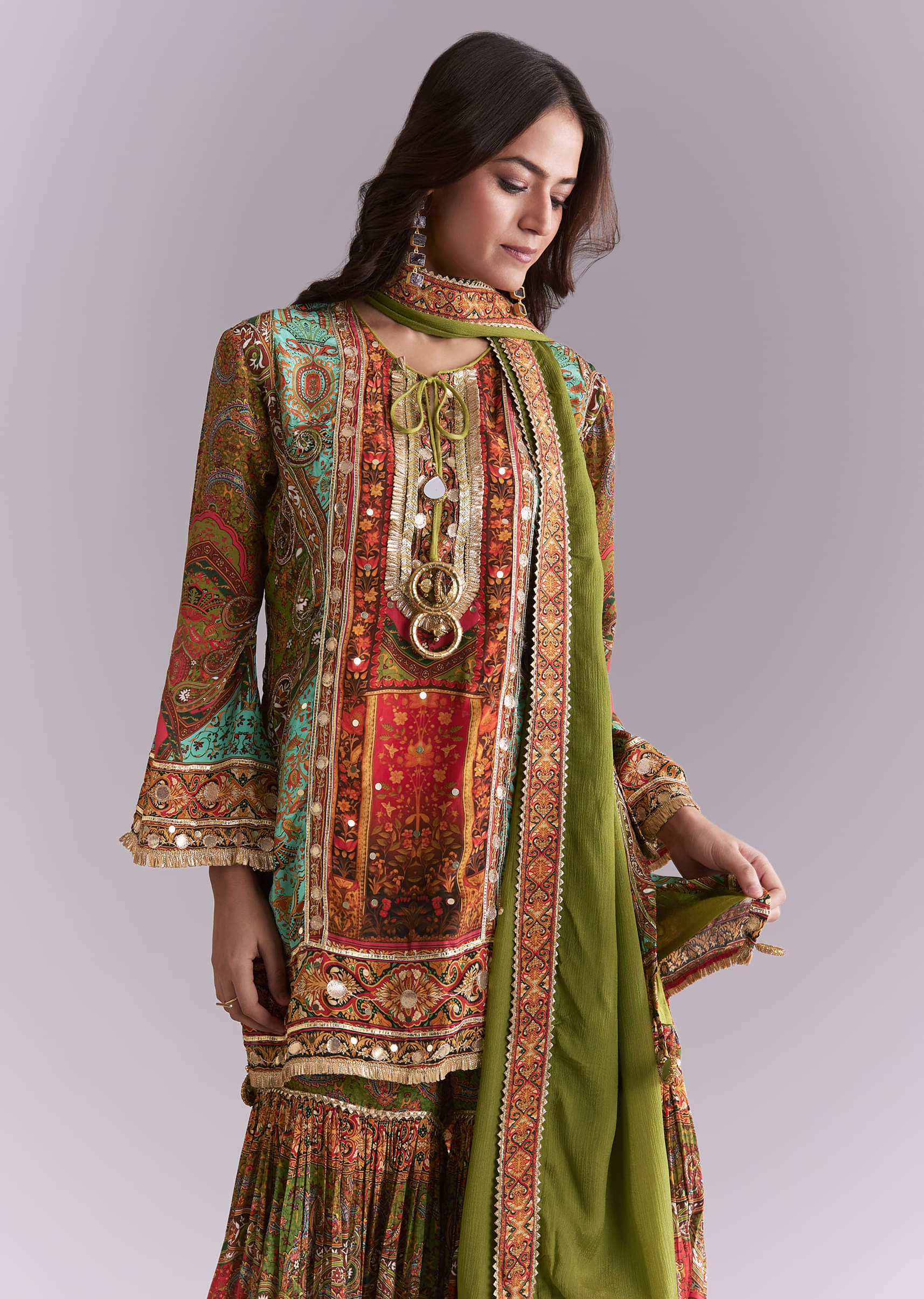 Green Crepe Printed Sharara Suit With Gota Detail And Potli - Image 4