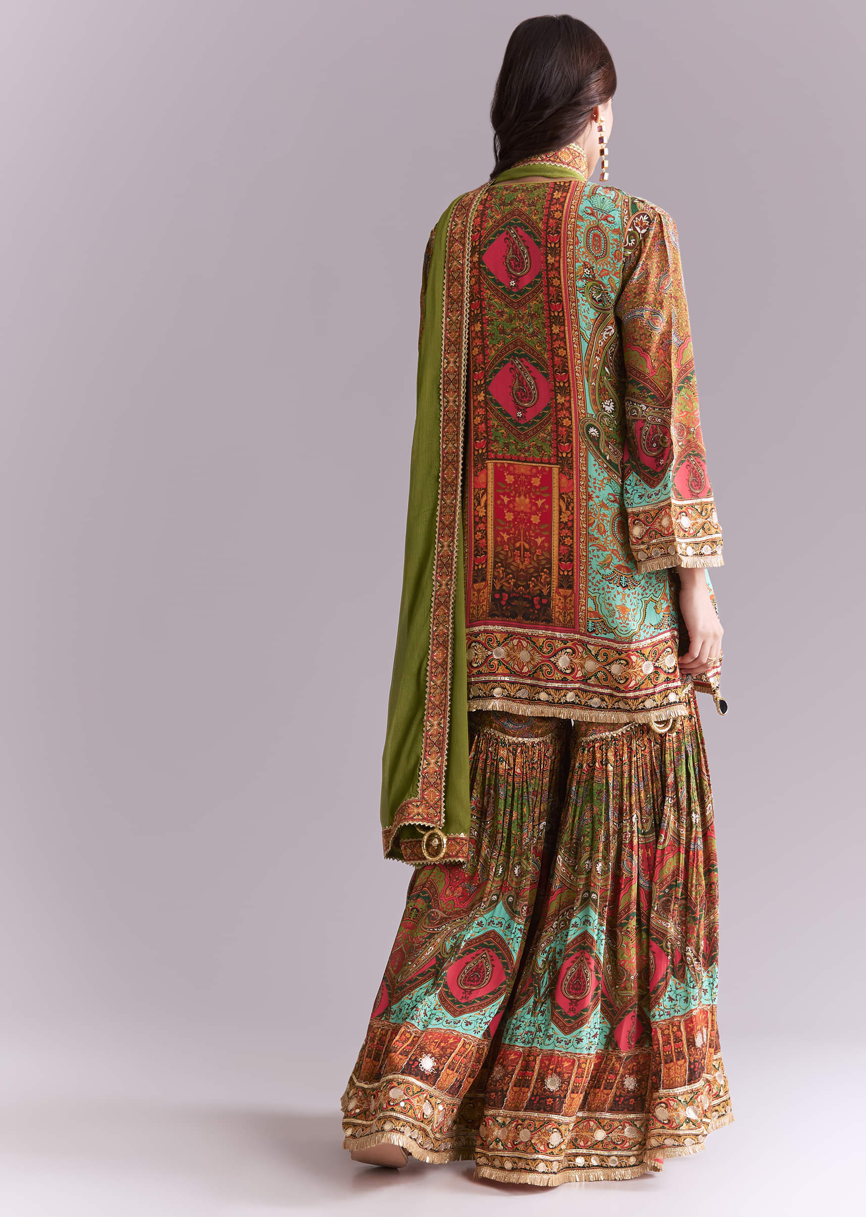 Green Crepe Printed Sharara Suit With Gota Detail And Potli - Image 5