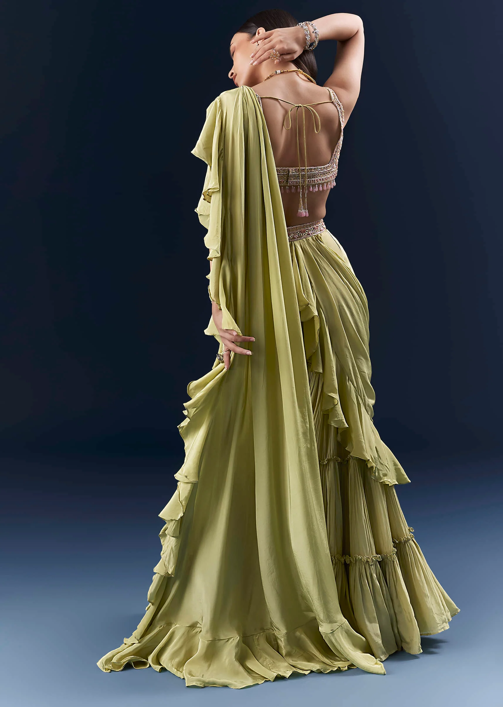 Green Crepe Ready Pleated Saree With Intricate Embroidery - Image 2