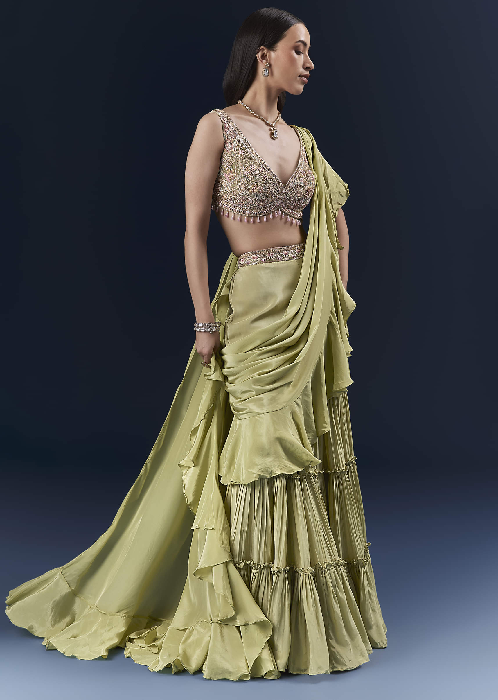 Green Crepe Ready Pleated Saree With Intricate Embroidery - Image 4