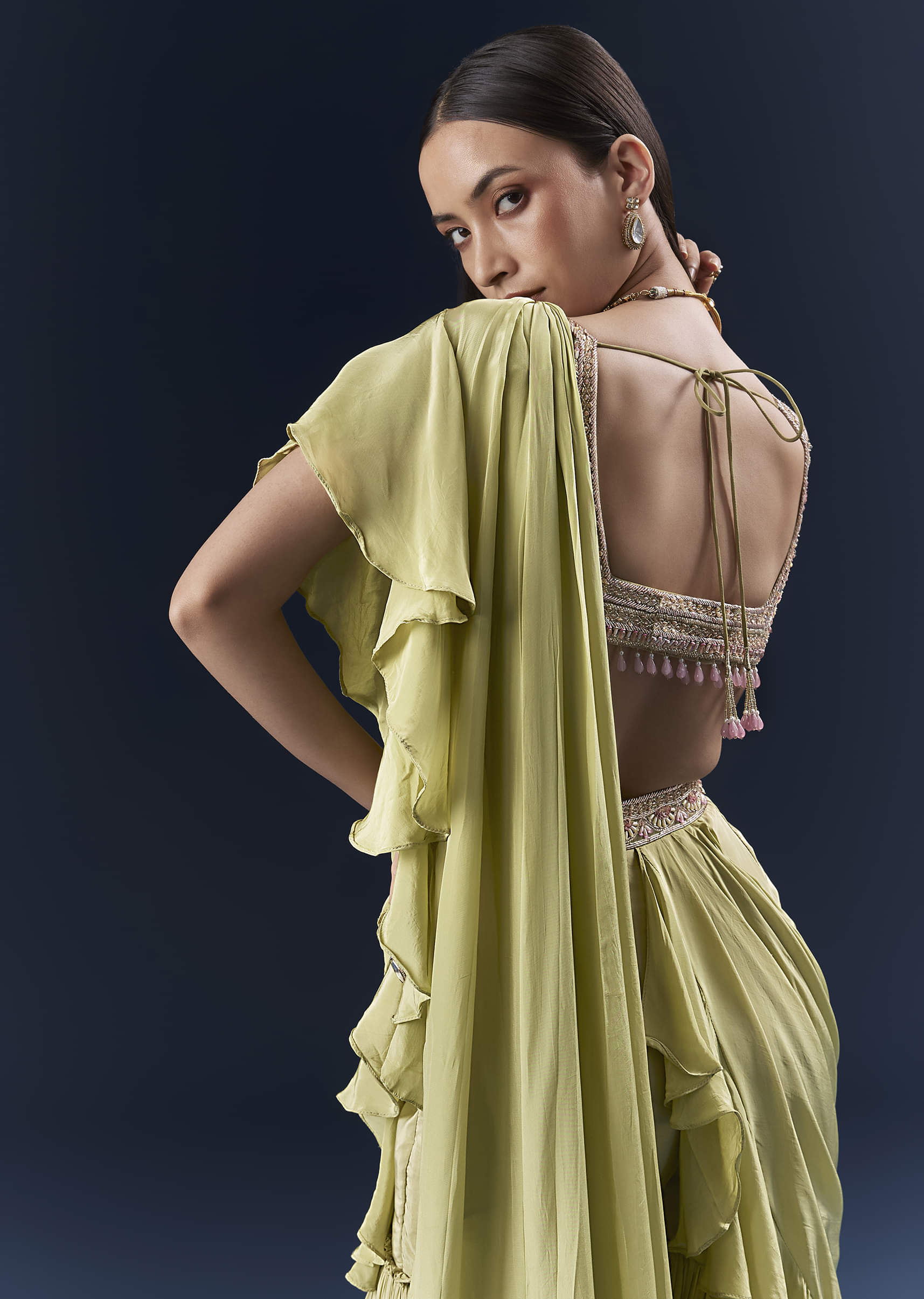 Green Crepe Ready Pleated Saree With Intricate Embroidery - Image 6