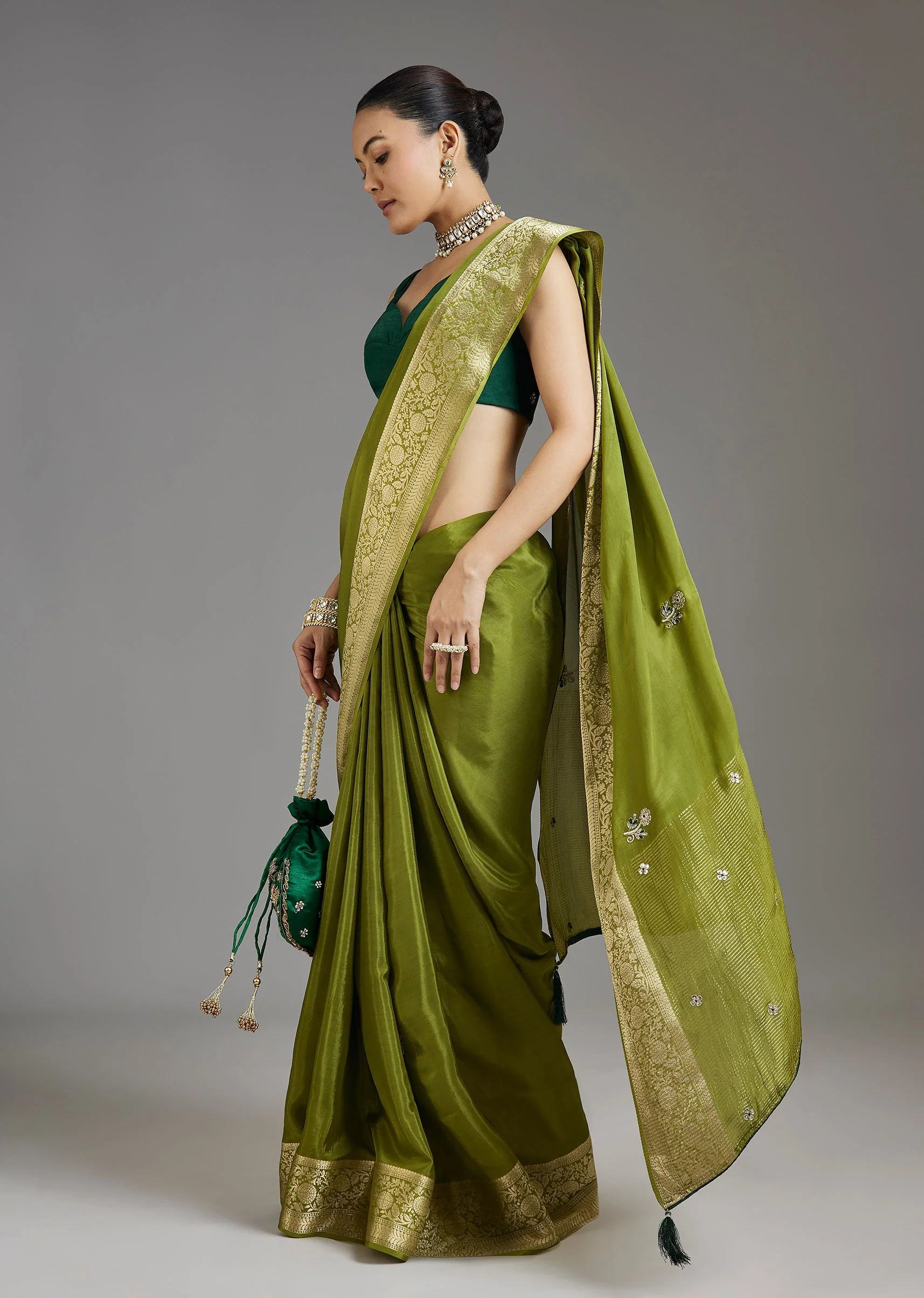 Green Crepe Saree - Image 3