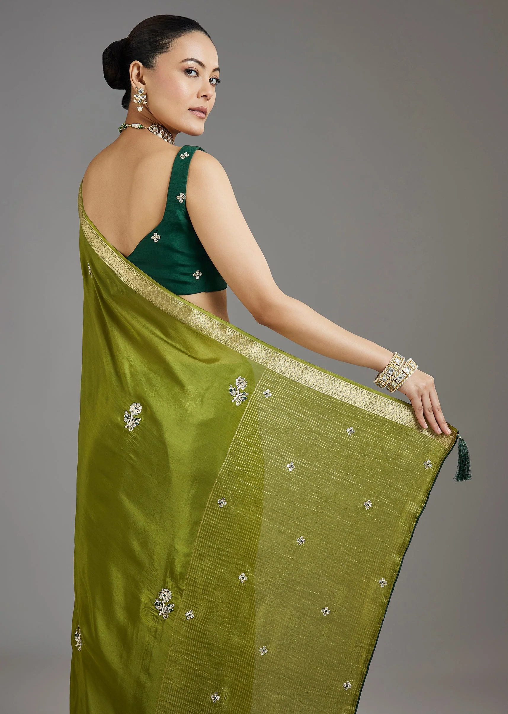 Green Crepe Saree - Image 6