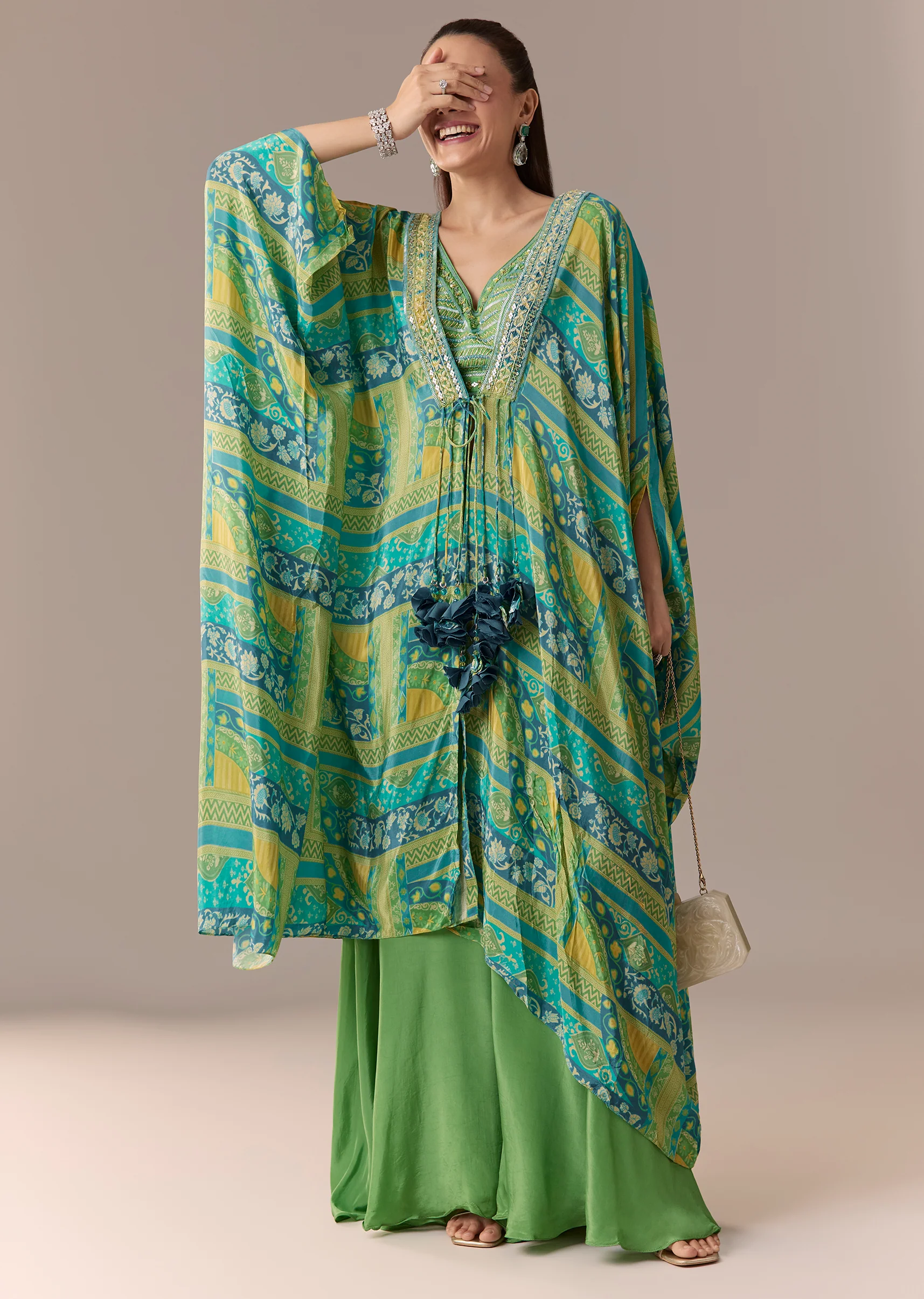 Green Crop Top Palazzo Set with Printed Cape - Image 3