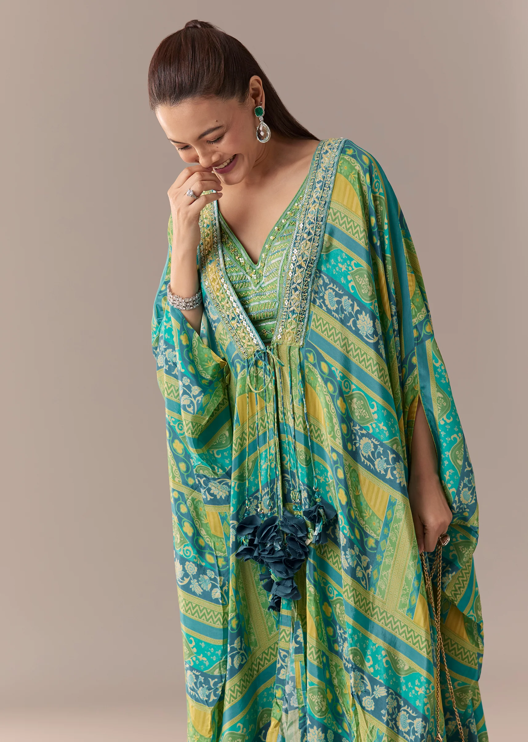Green Crop Top Palazzo Set with Printed Cape - Image 4