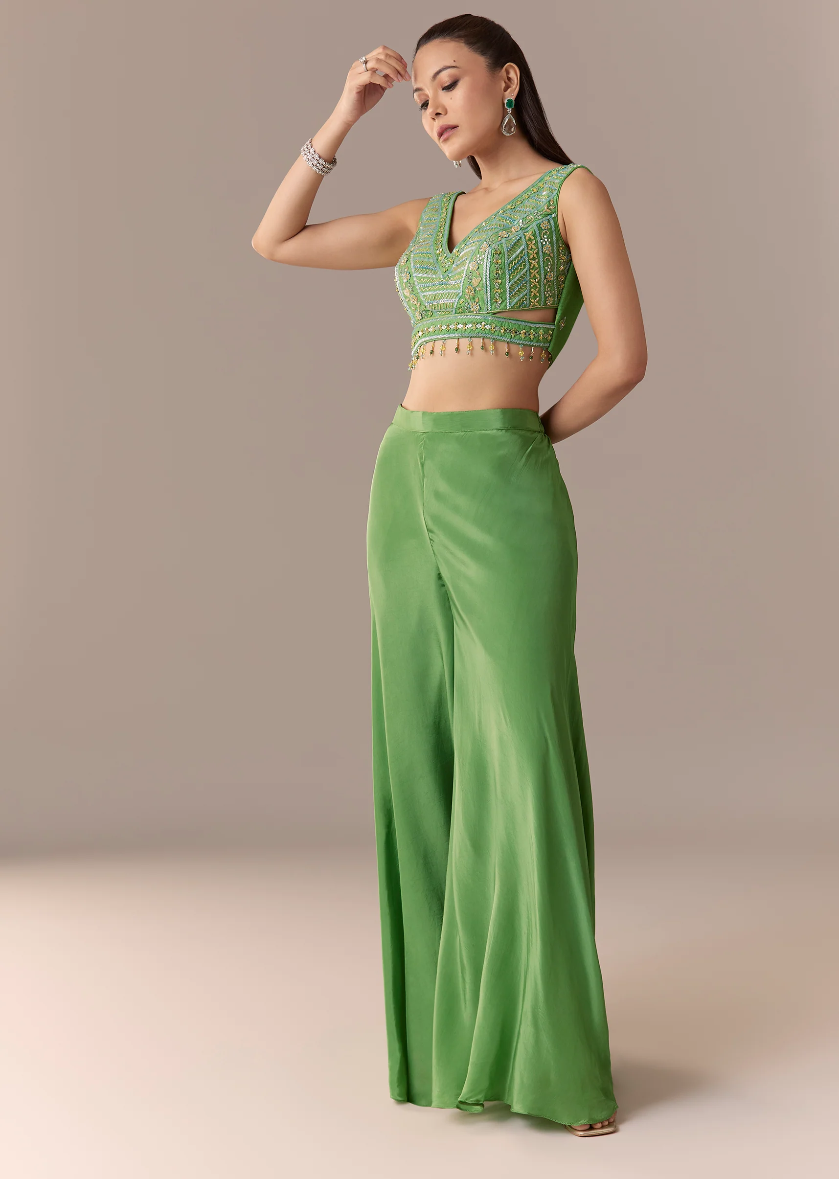 Green Crop Top Palazzo Set with Printed Cape - Image 6