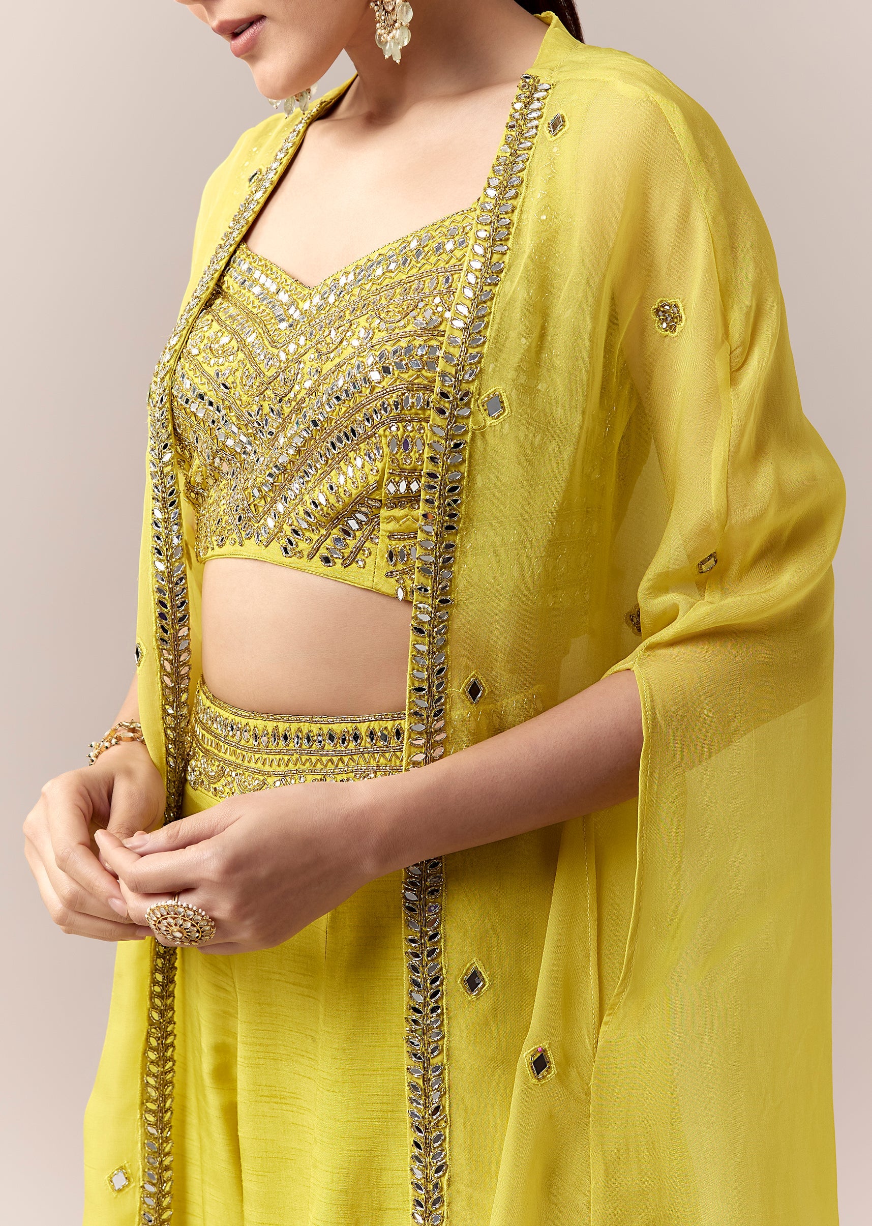 Green Crop Top Pants Indo Western With Mirror Cut Dana Work - Image 2