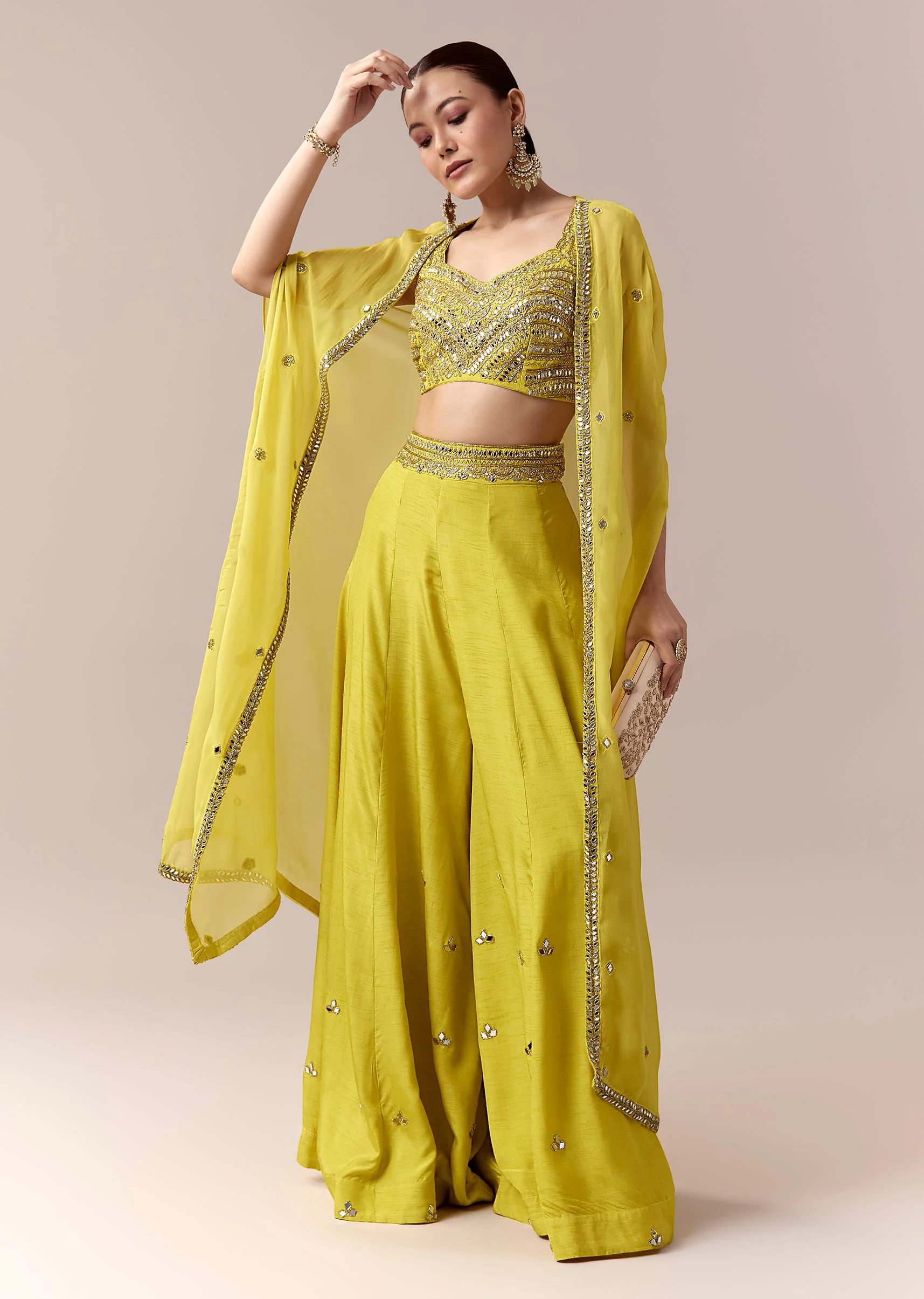 Green Crop Top Pants Indo Western With Mirror Cut Dana Work - Image 3