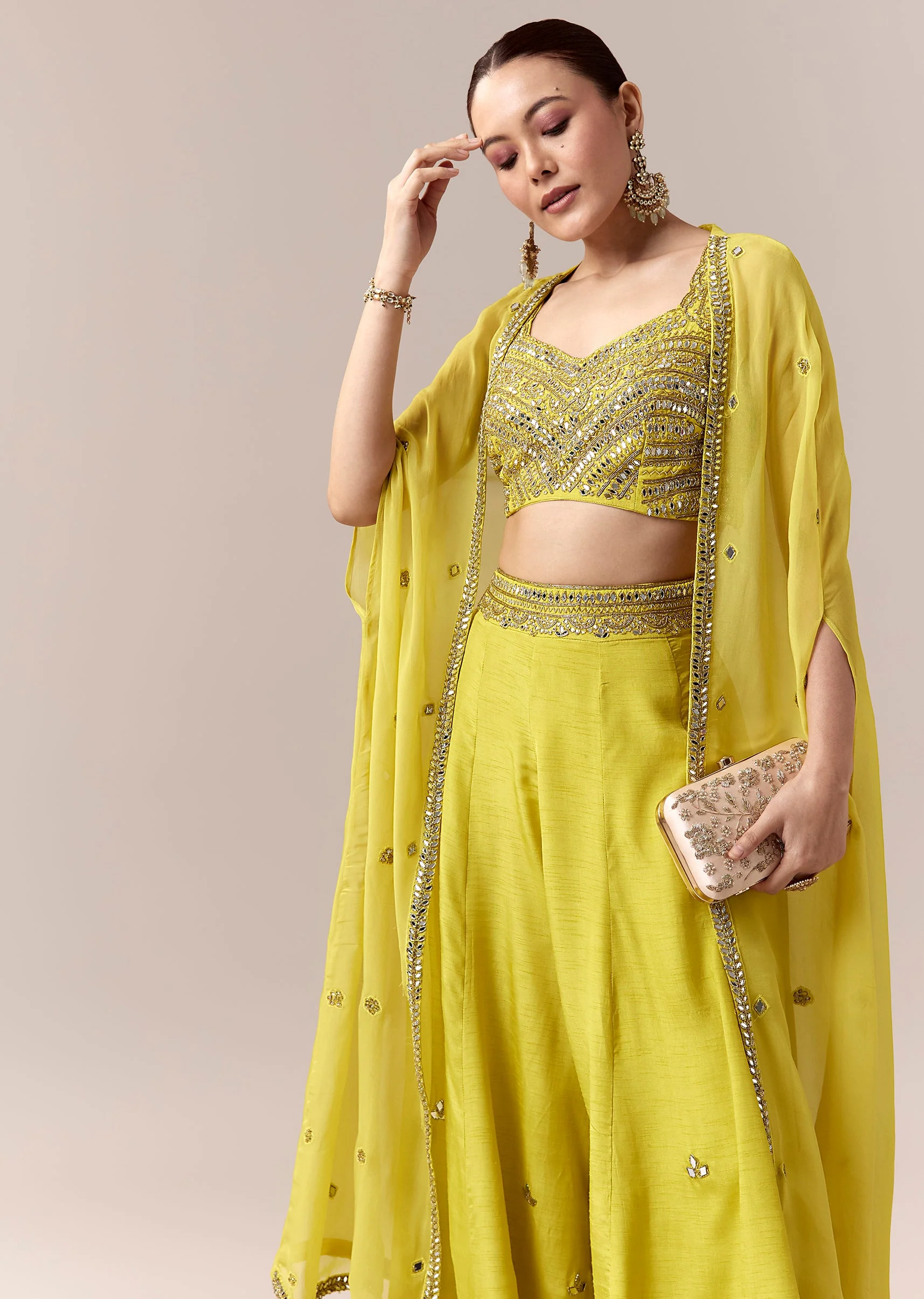 Green Crop Top Pants Indo Western With Mirror Cut Dana Work - Image 4