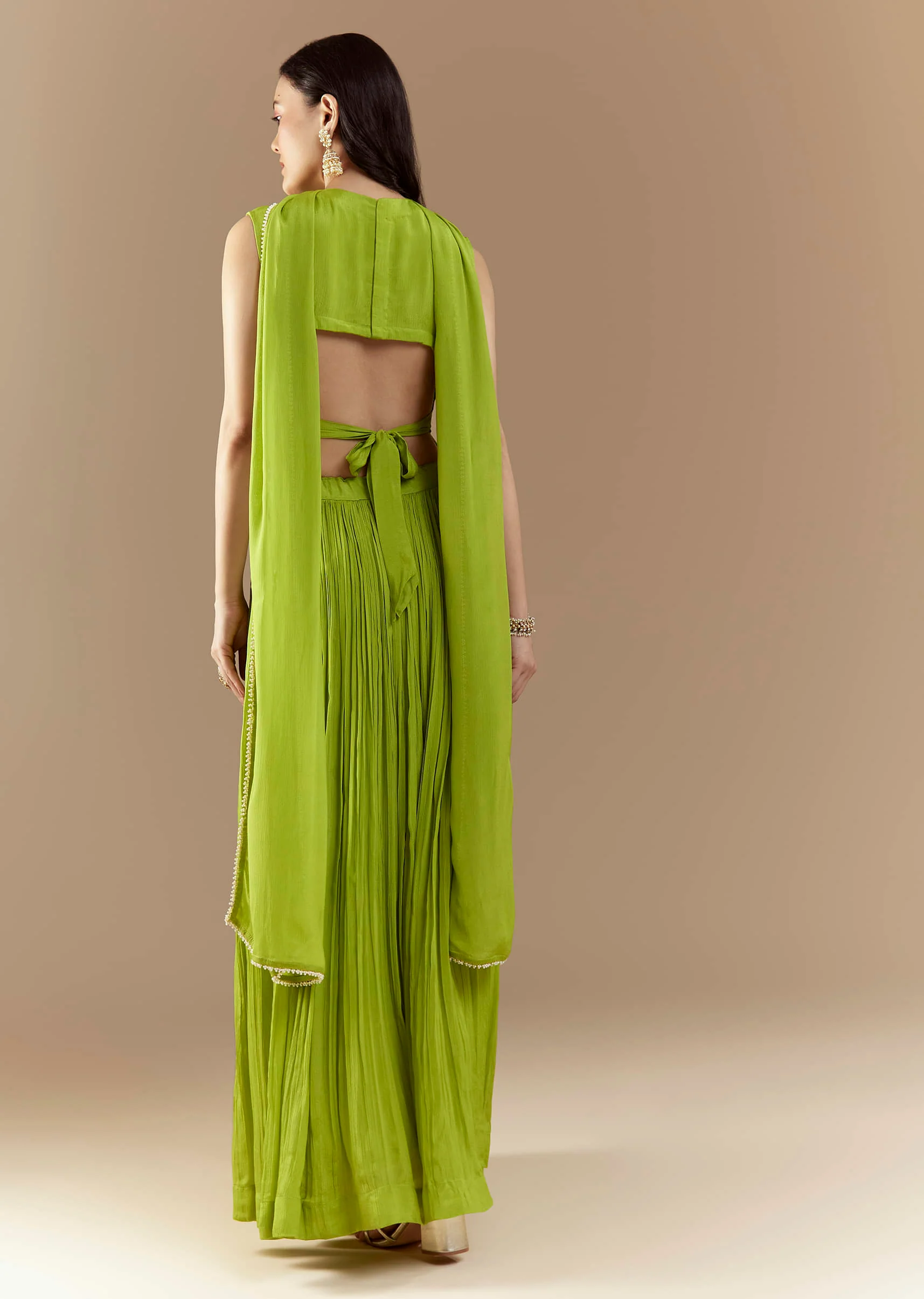 Green Crop Top Skirt Set with Zardozi Work - Image 5
