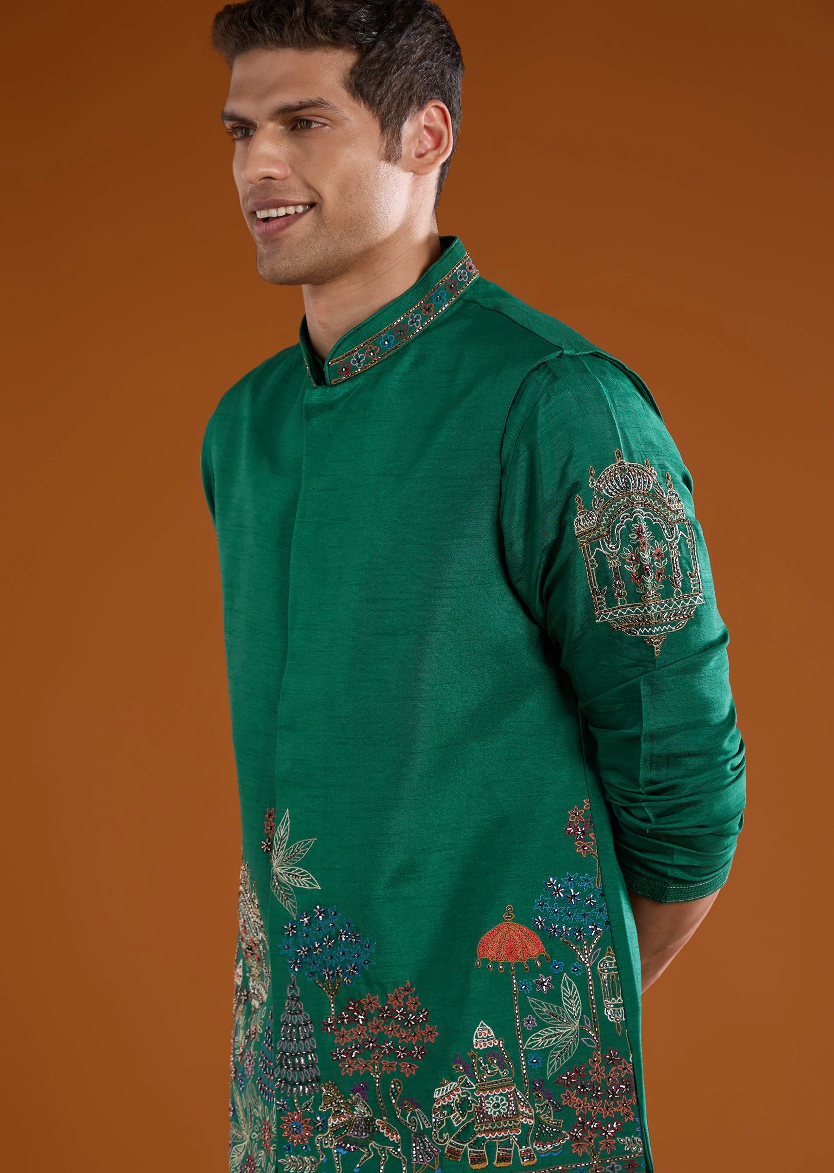 Green Dola Silk Jacket Kurta Set with Thread Work